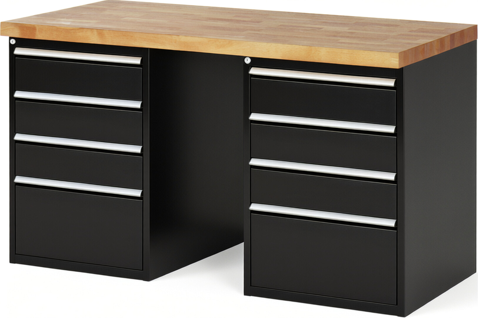 Werkbank Modell 7510 schwarz, BxTxH 1500x700x890 mm,  Buche-Massiv Arbeitsplatte 40 mm,  8 Schubladen mit  Auszug 90 %