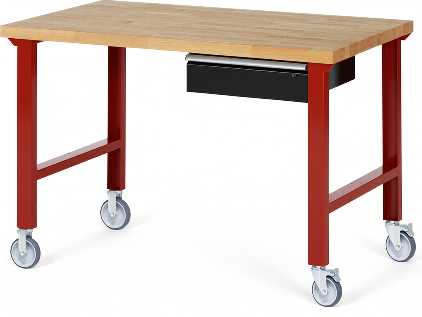 Fahrbare Werkbank Modell 7001 rot - schwarz, BxTxH 1500x900x1000 mm,  Buche-Massiv Arbeitsplatte 40 mm,  1 Schublade mit  Auszug 90 %