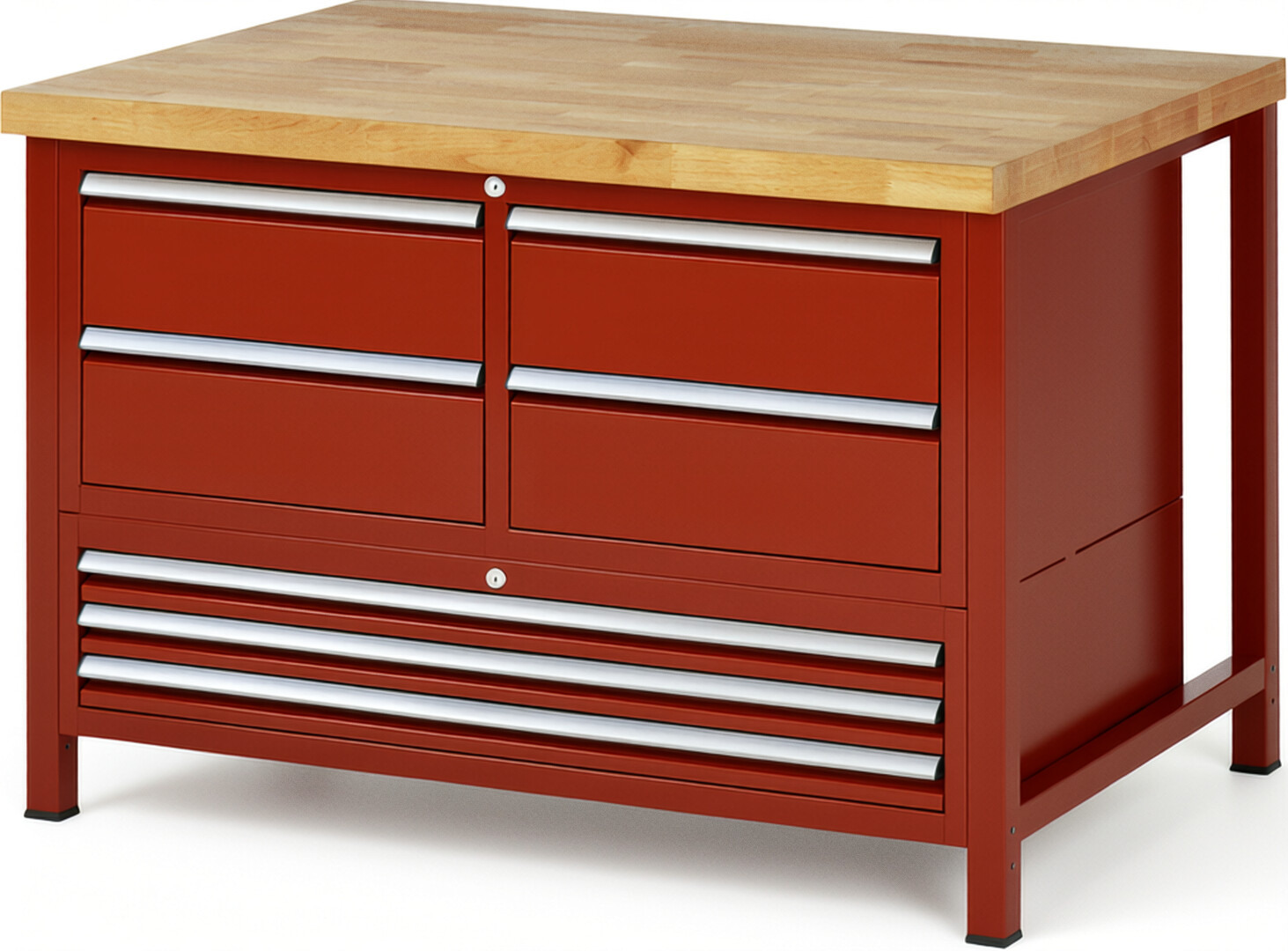 Werkbank Modell 8934 rot, BxTxH 1250x900x840-1040 mm,  Buche-Massiv Arbeitsplatte 40 mm,  7 Schubladen mit  Auszug 90 %