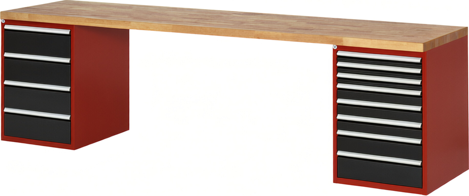 Werkbank Modell 7822 rot - schwarz, BxTxH 3000x700x890 mm,  Buche-Massiv Arbeitsplatte 40 mm,  12 Schubladen mit  Auszug 90 %