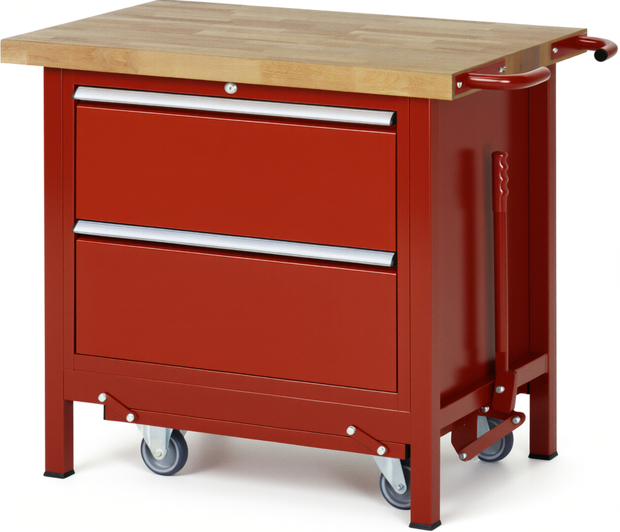 Absenkbare Werkbank Modell 8255 rot, BxTxH 1000x700x880 mm,  Buche-Massiv Arbeitsplatte 40 mm,  2 Schubladen mit  Auszug 90 %