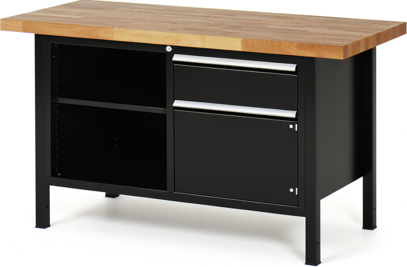 Werkbank Modell 8461 schwarz, BxTxH 1500x700x840-1040 mm,  Buche-Massiv Arbeitsplatte 40 mm,  1 Schublade mit  Auszug 90 %