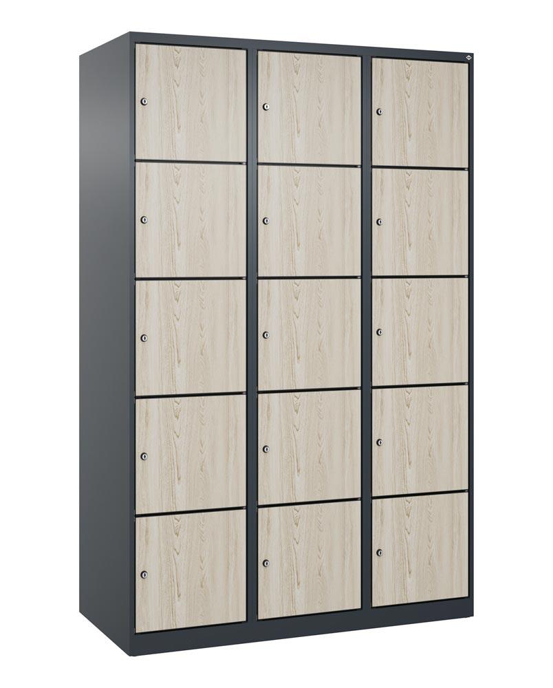 Fächerschrank mit MDF Türen, Breite 120 cm, Höhe 185 cm, Tiefe 50 cm, 15 Fächer
