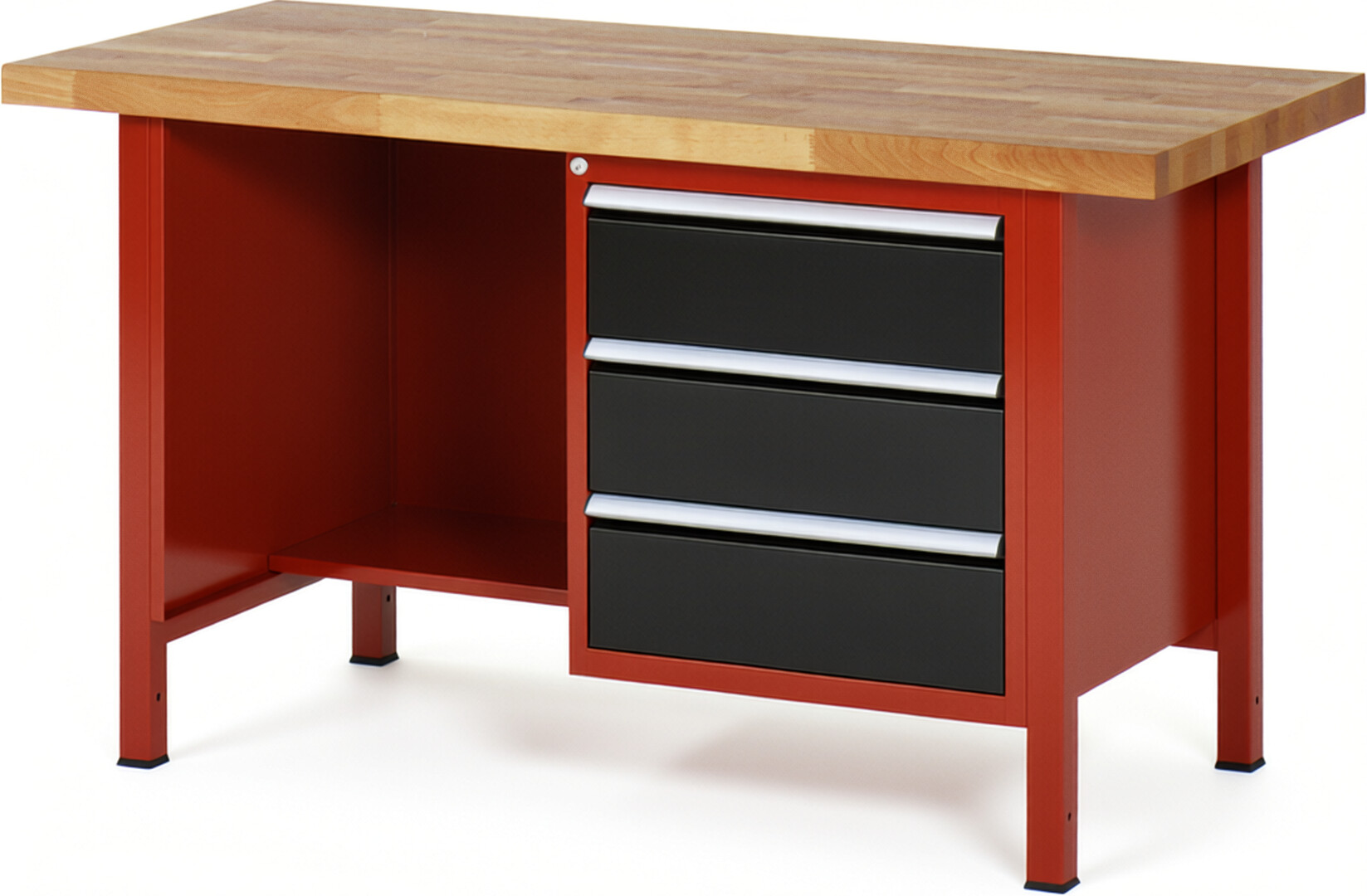 Werkbank Modell 8452 rot - schwarz, BxTxH 1500x700x840 mm,  Buche-Massiv Arbeitsplatte 40 mm,  3 Schubladen mit  Auszug 90 %