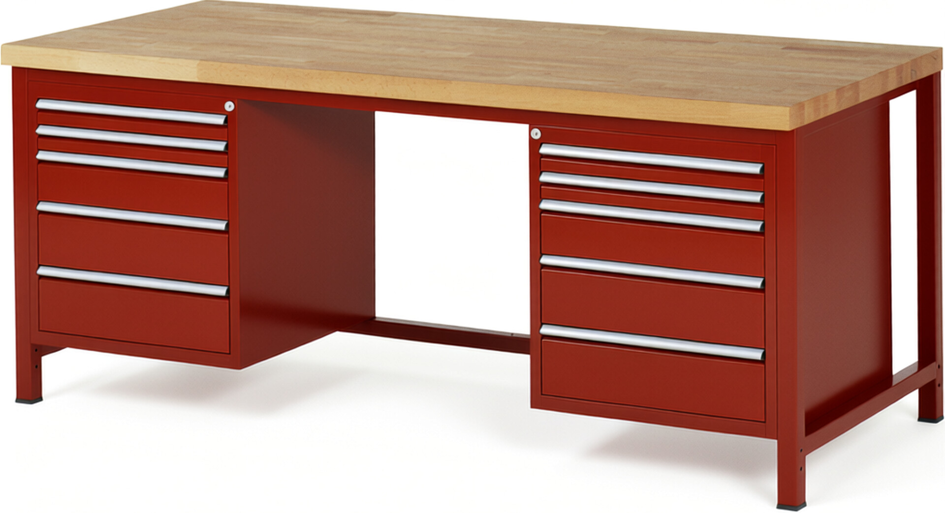 Werkbank Modell 8184 rot, BxTxH 2000x900x840 mm,  Buche-Massiv Arbeitsplatte 40 mm,  10 Schubladen mit  Auszug 90 %