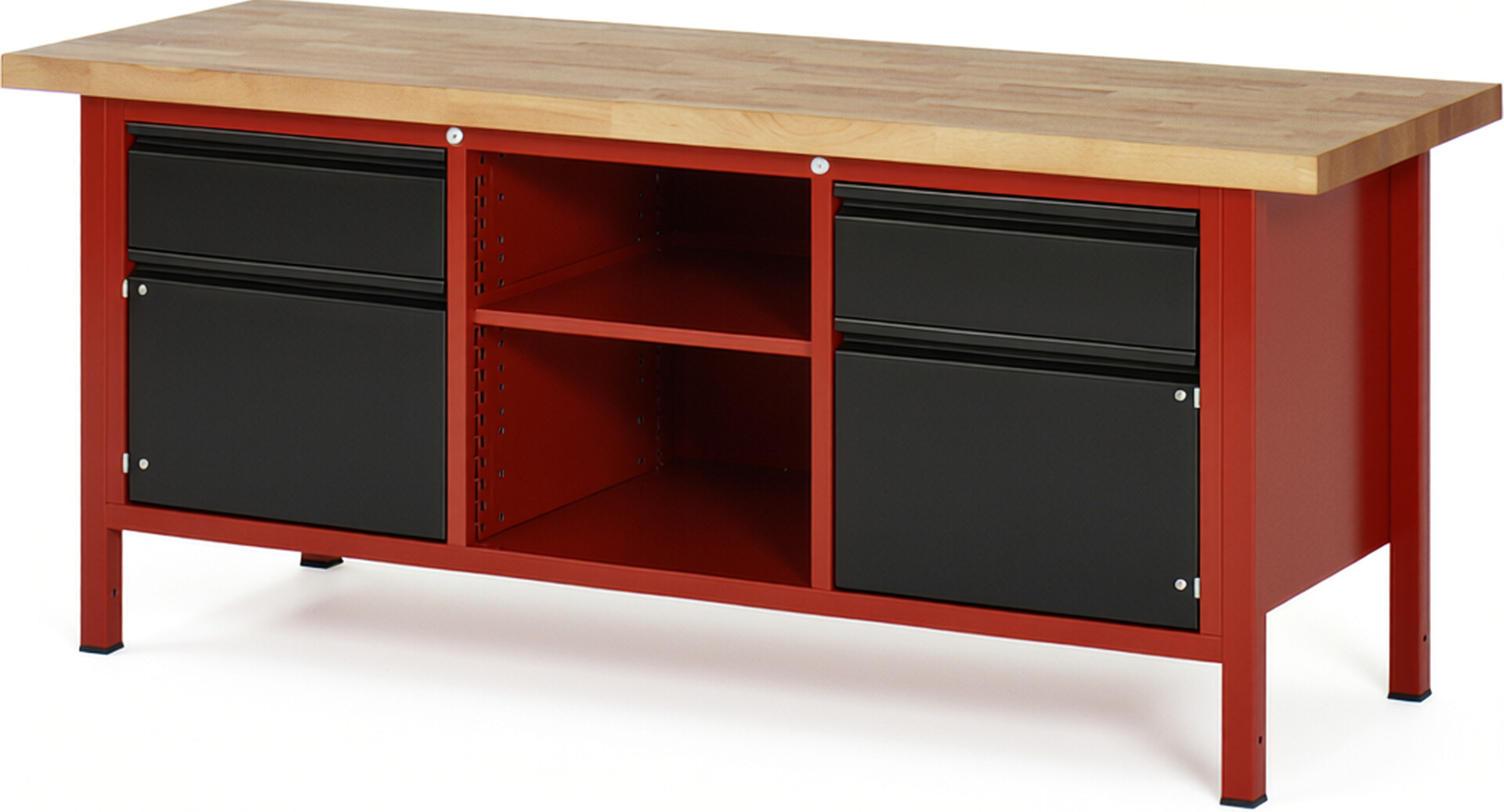 Werkbank rot - schwarz, BxTxH 2000x700x840 mm, Platte Buche 40 mm mit Deckfunier, 2 Schubladen 180 mm, 2 Türen 360 mm, 1 Fachboden, RAL 3000/9011