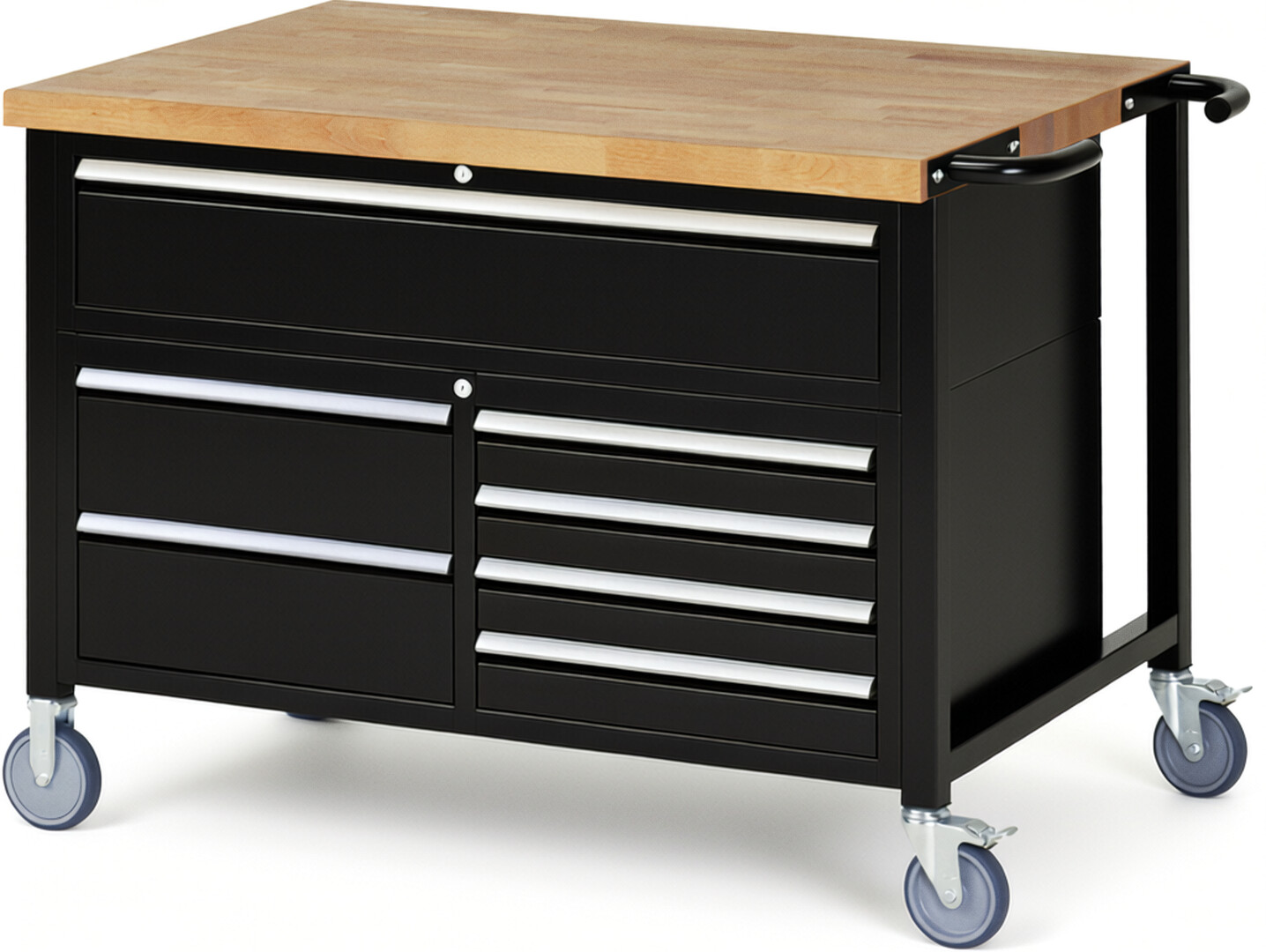 Fahrbare Werkbank Modell 8921 schwarz, BxTxH 1250x900x920-1080 mm,  Buche-Massiv Arbeitsplatte 40 mm,  7 Schubladen mit  Vollauszug 100 % und  SoftClosing