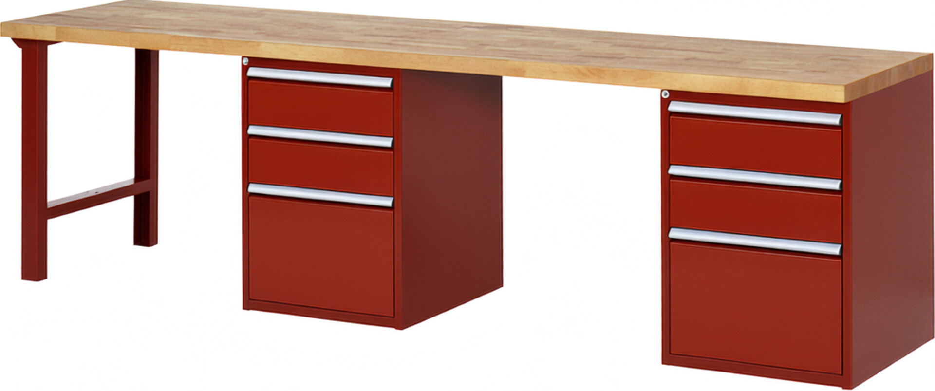 Werkbank Modell 7507 rot, BxTxH 3000x700x890 mm,  Buche-Massiv Arbeitsplatte 40 mm,  6 Schubladen mit  Vollauszug 100 % und  SoftClosing