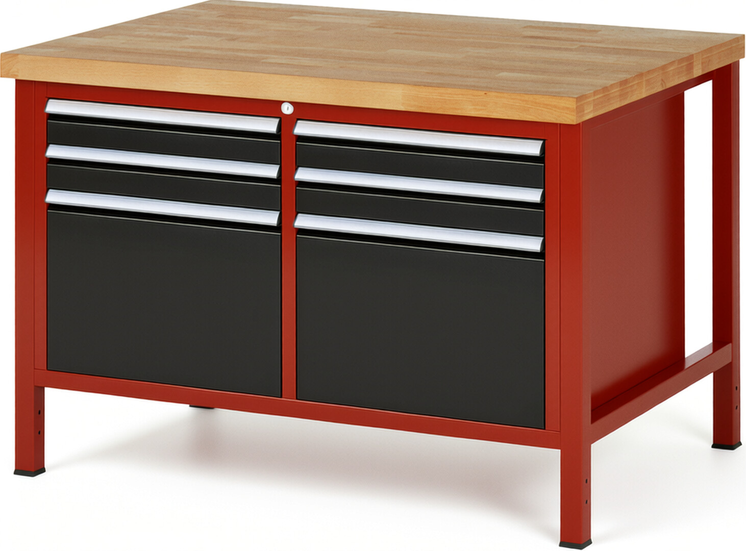Werkbank Modell 8474 rot - schwarz, BxTxH 1250x900x840 mm,  Buche-Massiv Arbeitsplatte 40 mm,  6 Schubladen mit  Auszug 90 %