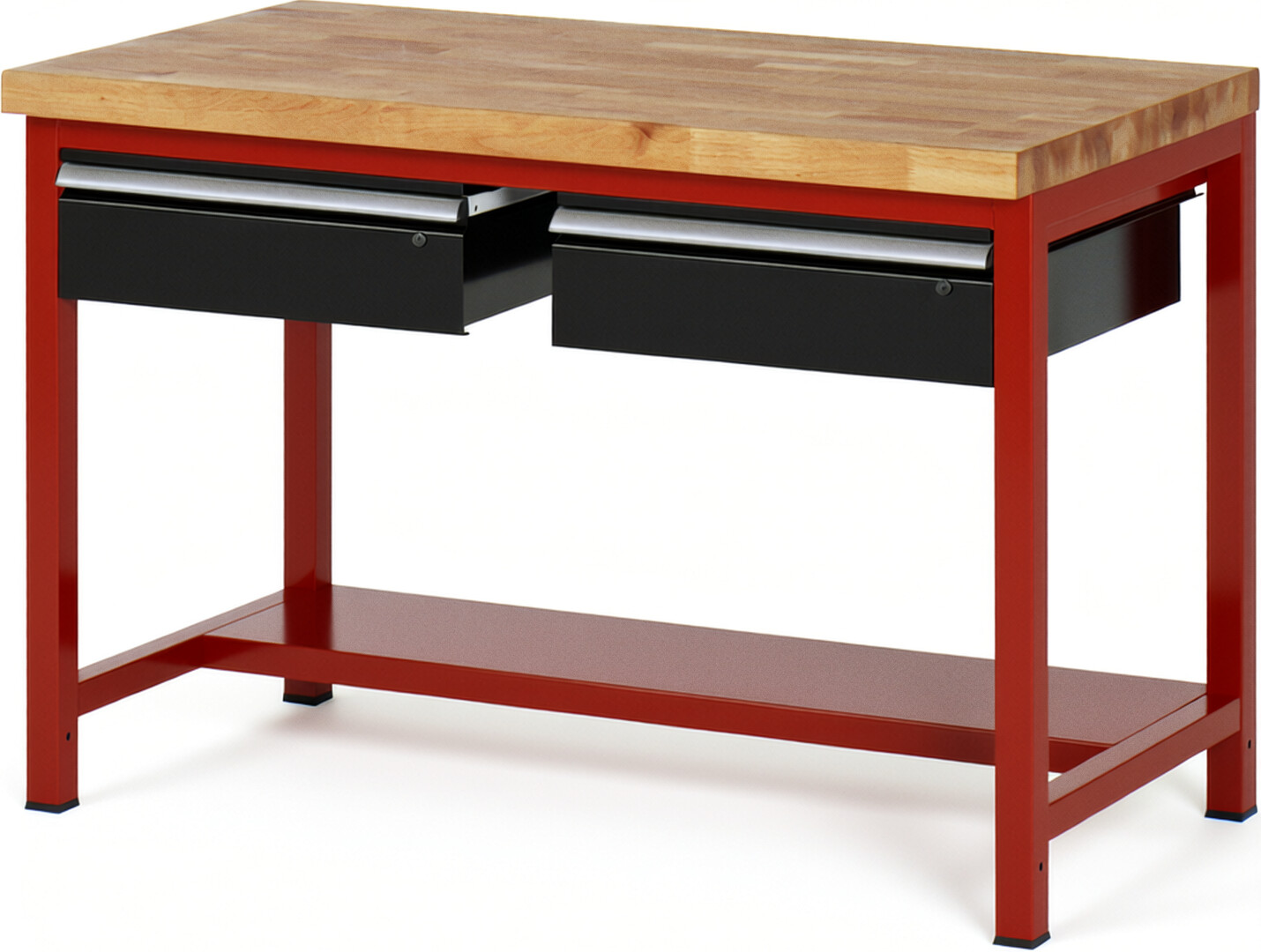 Werkbank Modell 8002 rot - schwarz, BxTxH 1250x900x840-1040 mm,  Buche-Massiv Arbeitsplatte 40 mm,  2 Schubladen mit  Auszug 90 %