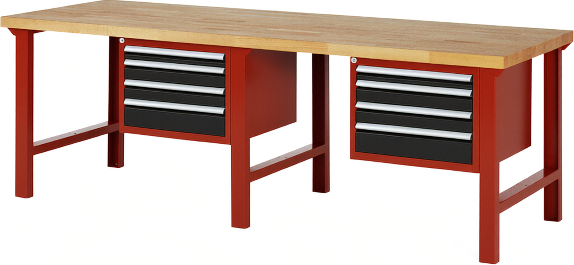 Werkbank Modell 7132 rot - schwarz, BxTxH 2500x900x840 mm,  Buche-Massiv Arbeitsplatte 40 mm,  8 Schubladen mit  Auszug 90 %