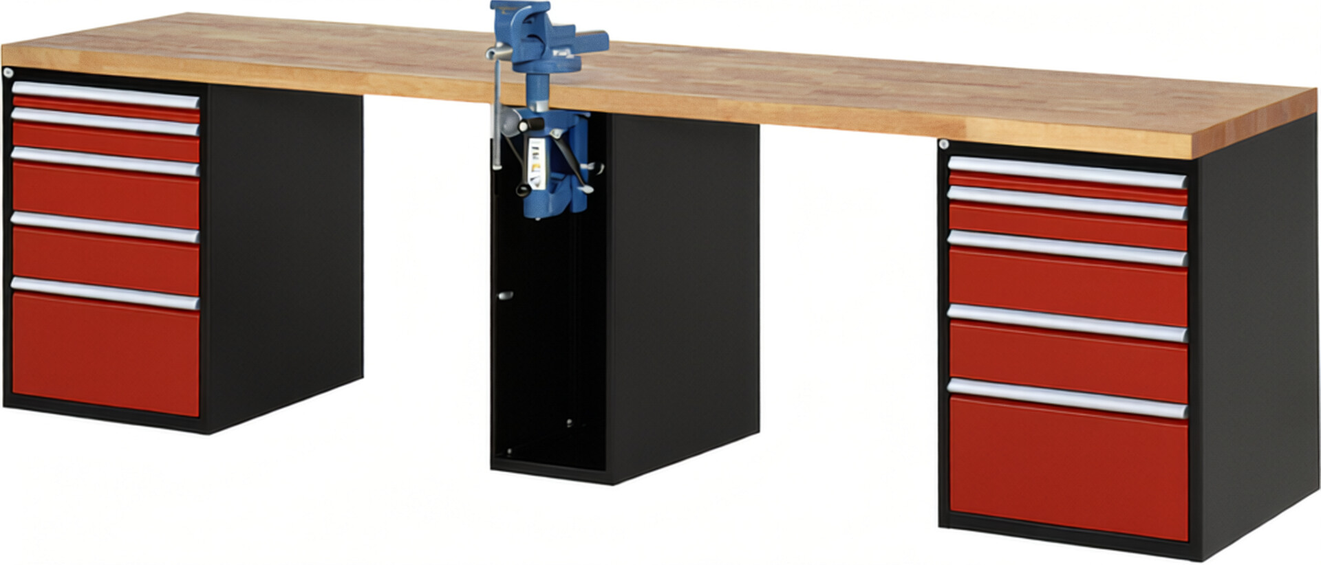 RAU Werkbank schwarz - rot - Breite 300 cm - Tiefe 70 cm - Höhe 89 cm - Buche-Massiv Arbeitsplatte 40 mm