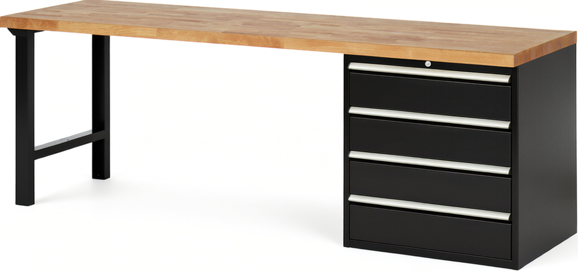 Werkbank Modell 7609 schwarz, BxTxH 2500x700x890 mm,  Buche-Massiv Arbeitsplatte 40 mm,  4 Schubladen mit  Vollauszug 100 % und  SoftClosing