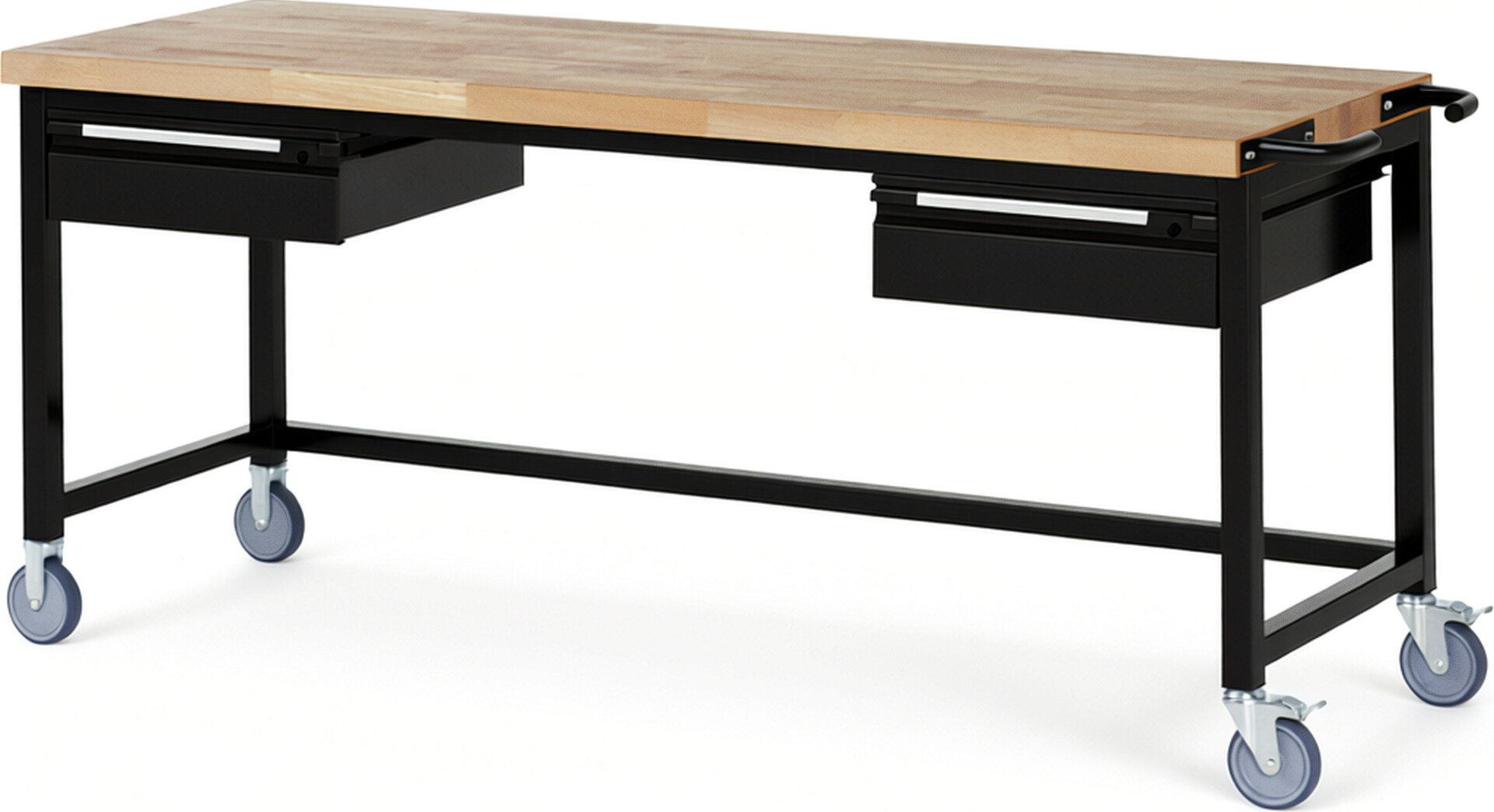 Fahrbare Werkbank - Modell 8002 BASIC schwarz, BxTxH 2000x700x880 mm,  Buche-Massiv Arbeitsplatte 40 mm,  2 Schubladen mit  Auszug 90 %