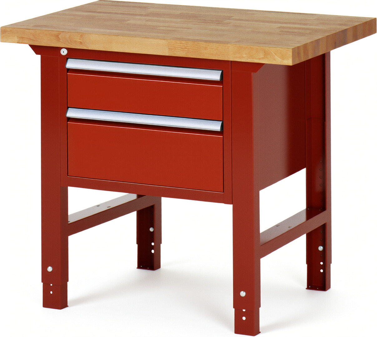 Werkbank Modell 7123 rot, BxTxH 1000x700x790-1140 mm,  Buche-Massiv Arbeitsplatte 40 mm,  2 Schubladen mit  Auszug 90 %
