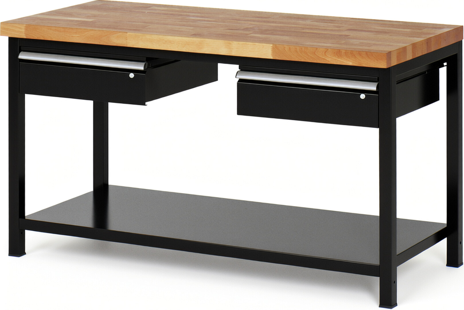 Werkbank Modell 8002 schwarz, BxTxH 1500x700x840-1040 mm,  Buche-Massiv Arbeitsplatte 40 mm,  2 Schubladen mit  Auszug 90 %