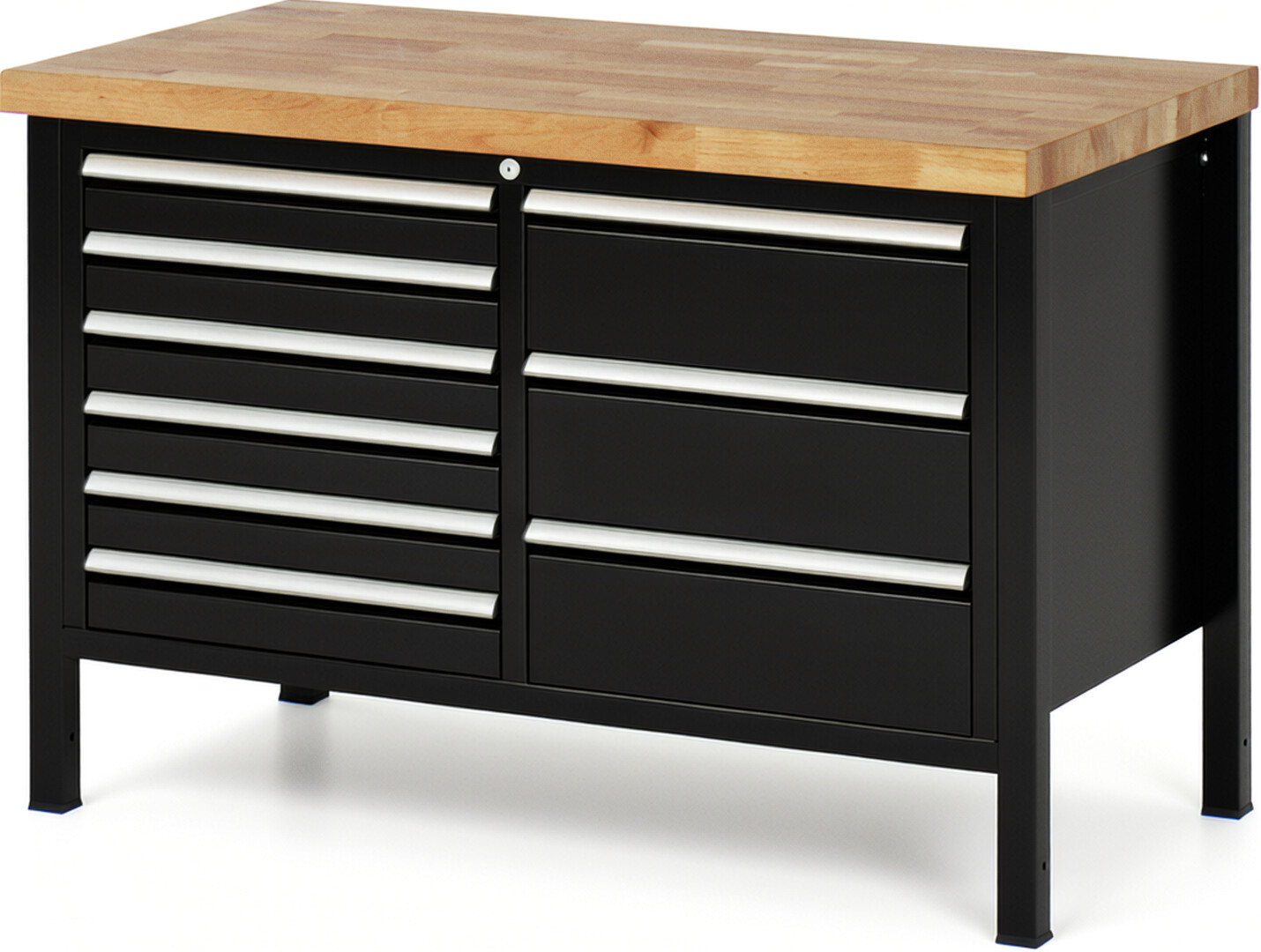 Werkbank Modell 8479 schwarz, BxTxH 1250x700x840-1040 mm,  Buche-Massiv Arbeitsplatte 40 mm,  9 Schubladen mit  Vollauszug 100 % und  SoftClosing