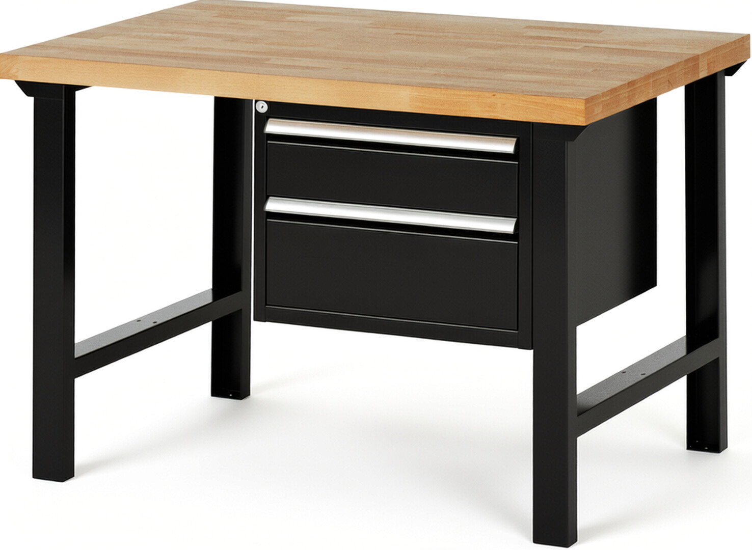 Werkbank Modell 7123 schwarz, BxTxH 1250x900x840 mm,  Buche-Massiv Arbeitsplatte 40 mm,  2 Schubladen mit  Vollauszug 100 % und  SoftClosing