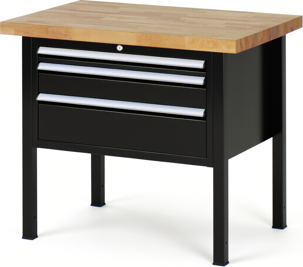 Werkbank Modell 8226 schwarz, BxTxH 1000x700x840 mm,  Buche-Massiv Arbeitsplatte 40 mm,  3 Schubladen mit  Auszug 90 %