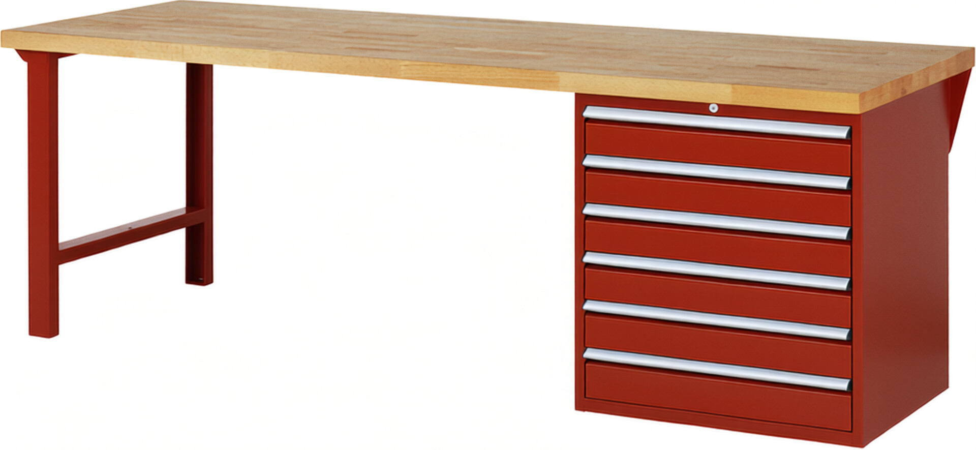 Werkbank Modell 7616 rot, BxTxH 2500x900x890 mm,  Buche-Massiv Arbeitsplatte 40 mm,  6 Schubladen mit  Vollauszug 100 % und  SoftClosing