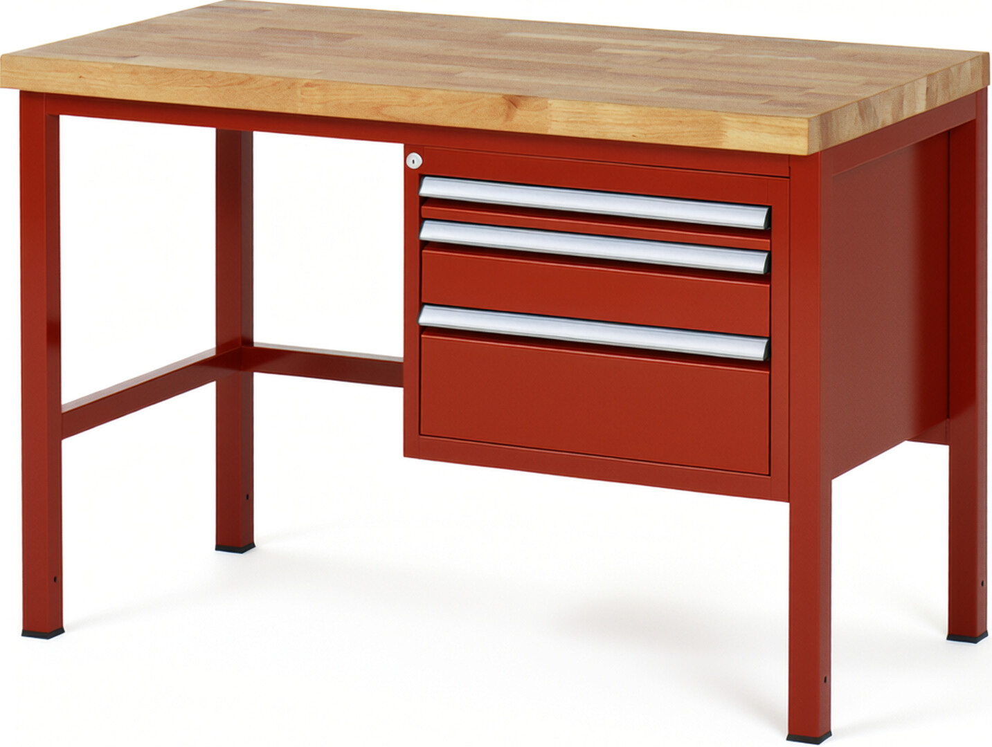 Werkbank Modell 8126 rot, BxTxH 1250x700x840-1040 mm,  Buche-Massiv Arbeitsplatte 40 mm,  3 Schubladen mit  Vollauszug 100 % und  SoftClosing