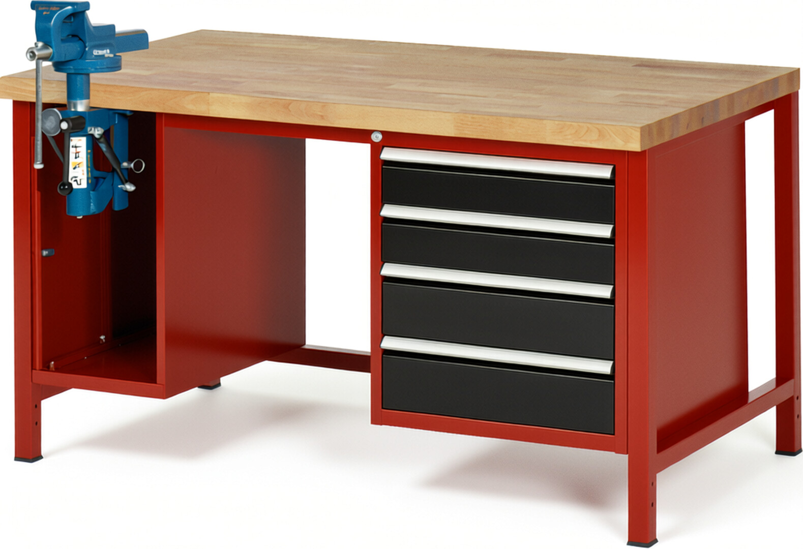 Werkbank Modell 8185 rot - schwarz, BxTxH 1500x900x840-1040 mm,  Buche-Massiv Arbeitsplatte 40 mm,  4 Schubladen mit  Auszug 90 %