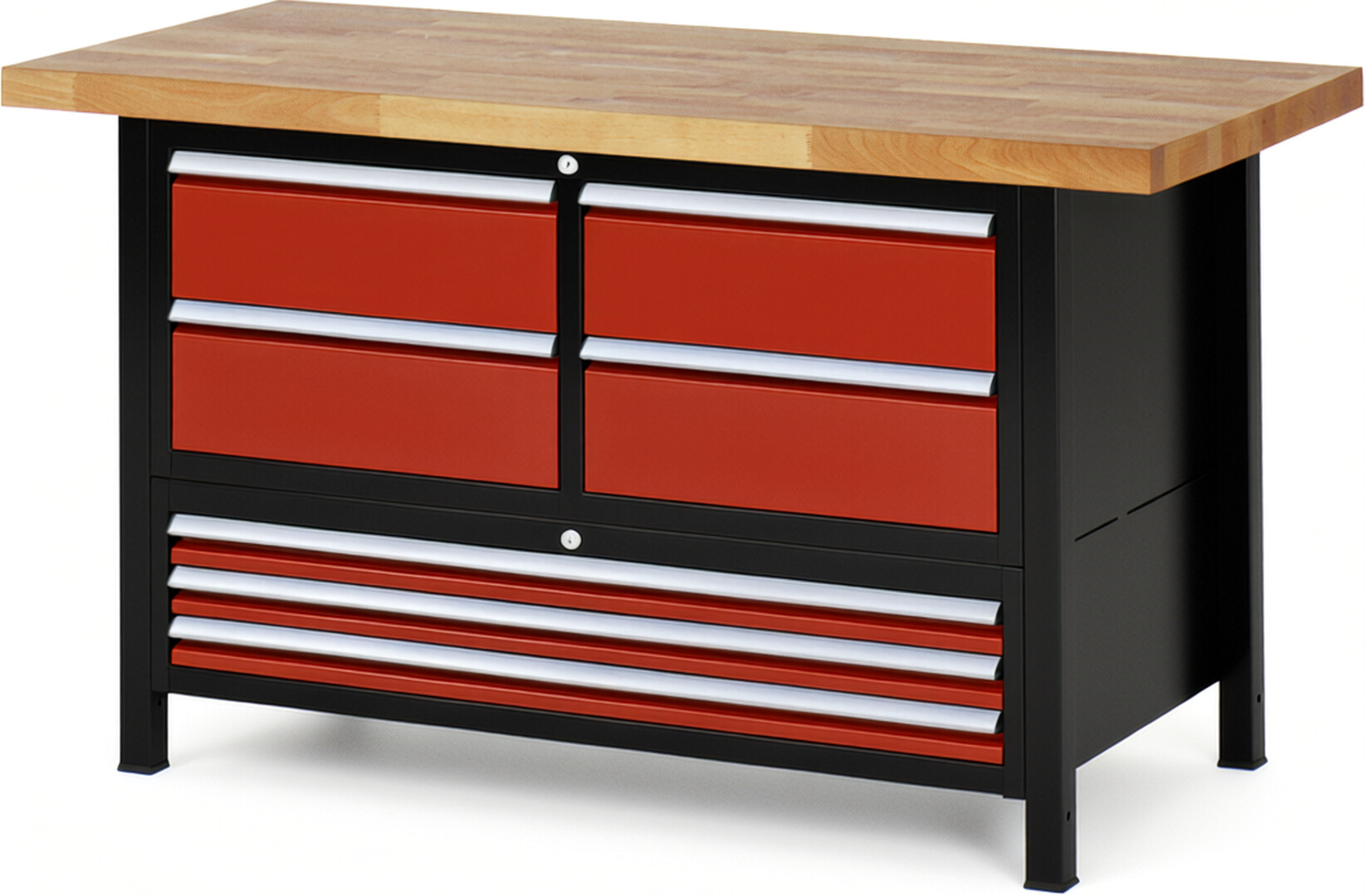 RAU Werkbank schwarz - rot - Breite 150 cm - Tiefe 70 cm - Höhe 104 cm - Buche-Massiv Arbeitsplatte 40 mm