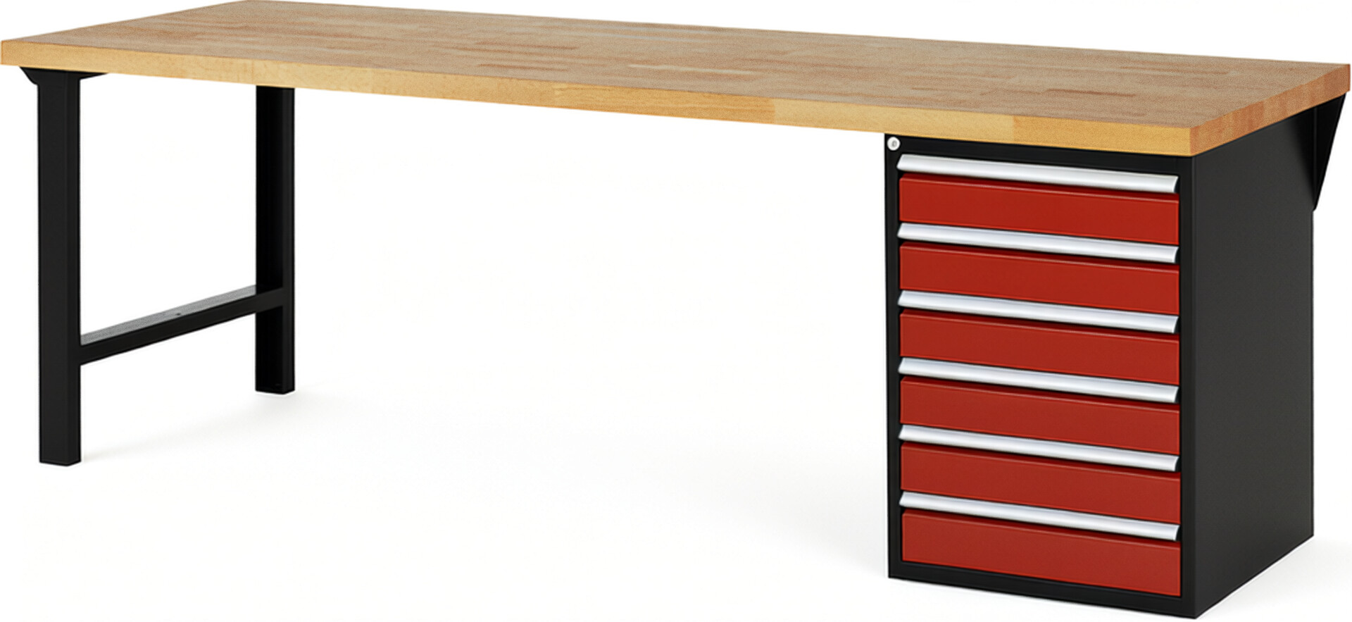 RAU Werkbank schwarz - rot - Breite 250 cm - Tiefe 90 cm - Höhe 89 cm - Buche-Massiv Arbeitsplatte 40 mm