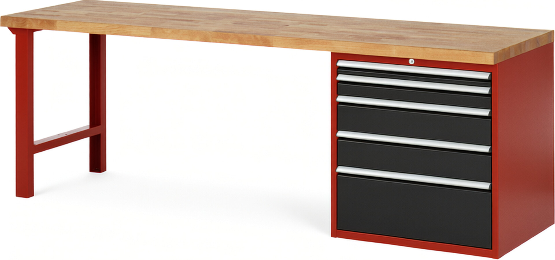 Werkbank Modell 7611 rot - schwarz, BxTxH 2500x700x890 mm,  Buche-Massiv Arbeitsplatte 40 mm,  5 Schubladen mit  Vollauszug 100 % und  SoftClosing