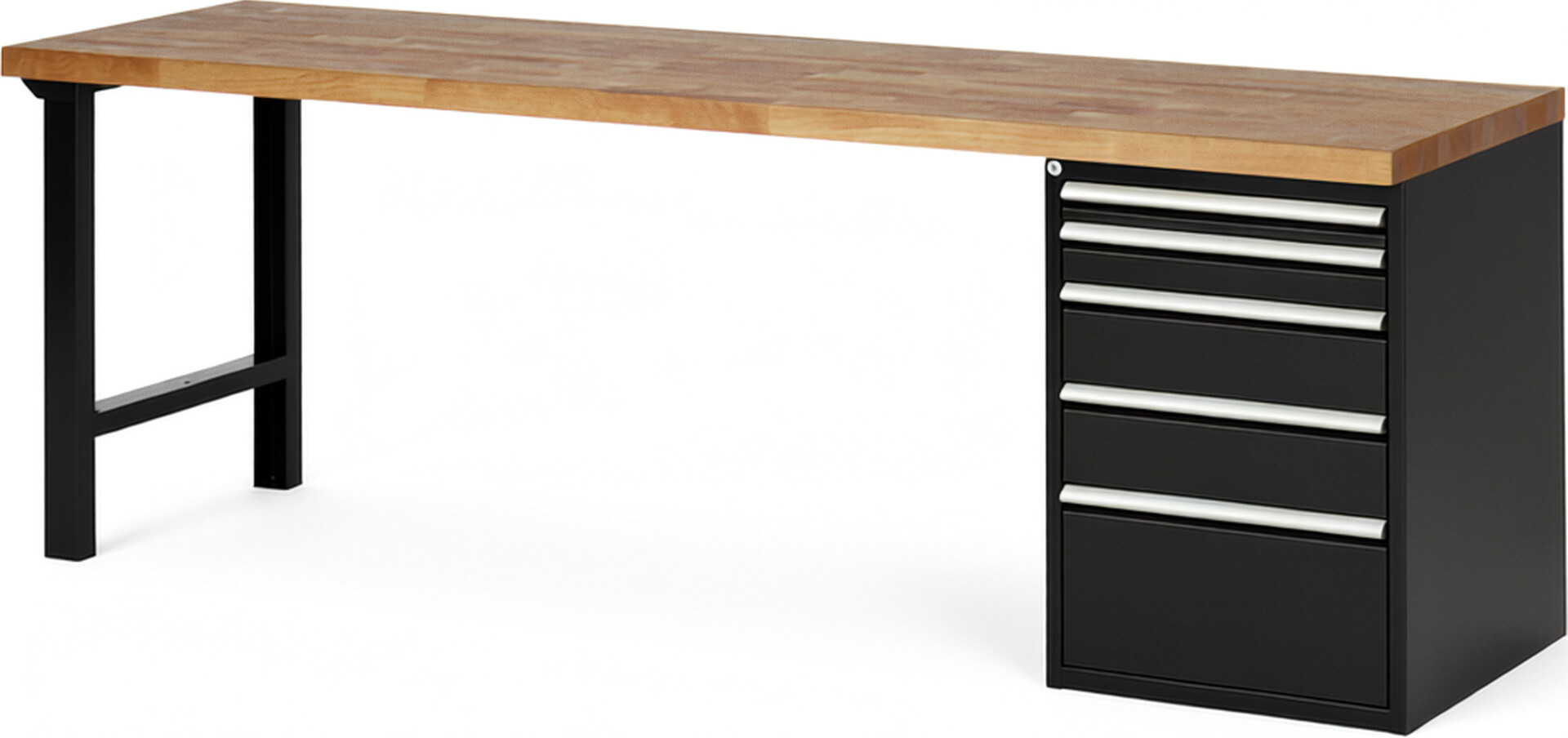 Werkbank Modell 7511 schwarz, BxTxH 2500x700x890 mm,  Buche-Massiv Arbeitsplatte 40 mm,  5 Schubladen mit  Auszug 90 %