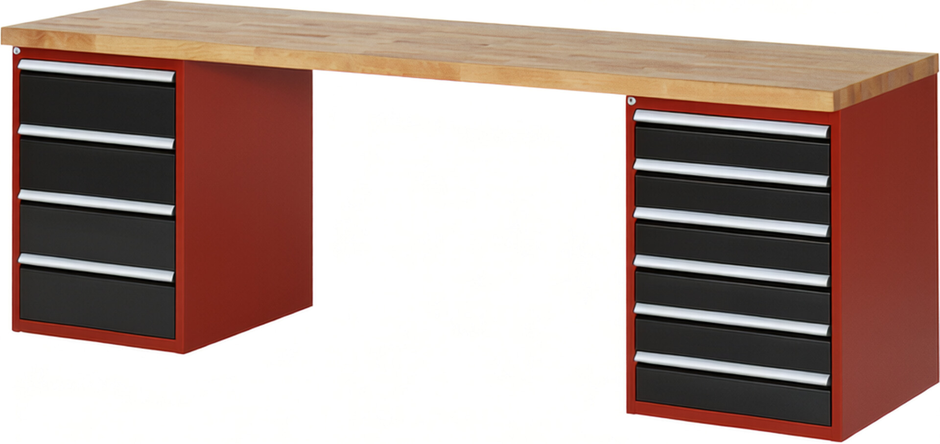 Werkbank Modell 7821 rot - schwarz, BxTxH 2500x700x890 mm,  Buche-Massiv Arbeitsplatte 40 mm,  10 Schubladen mit  Auszug 90 %