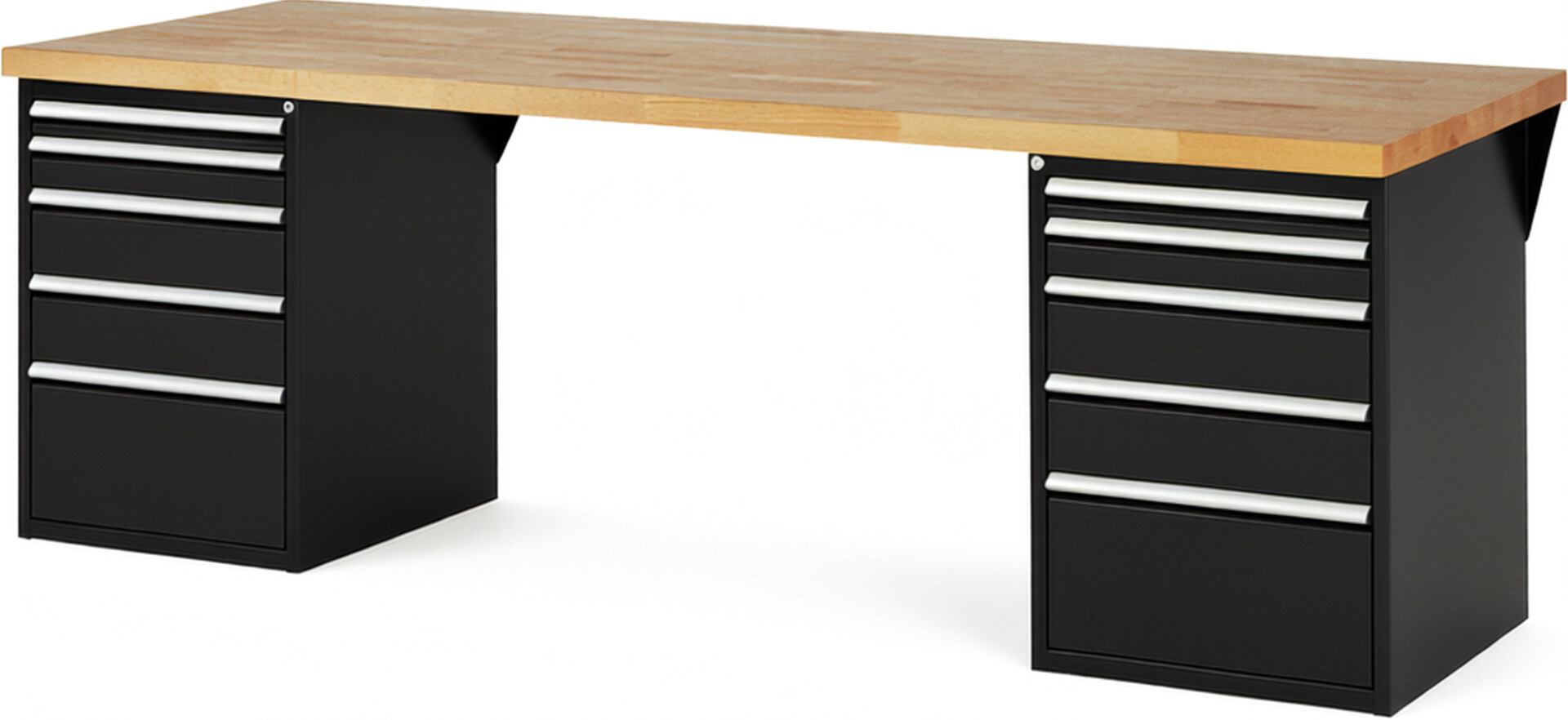 Werkbank Modell 7511 schwarz, BxTxH 2500x900x890 mm,  Buche-Massiv Arbeitsplatte 40 mm,  10 Schubladen mit  Vollauszug 100 % und  SoftClosing