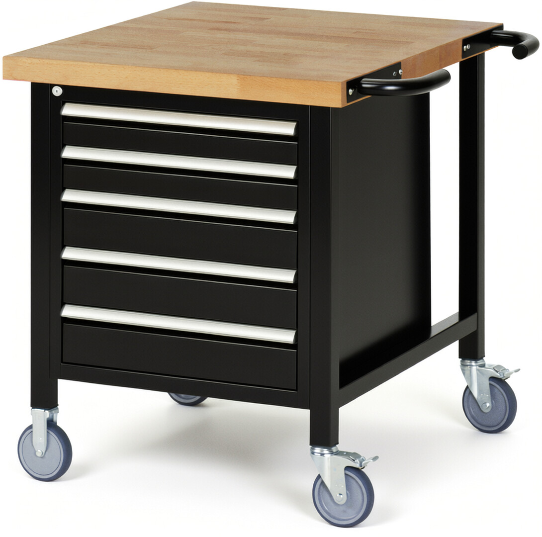 Fahrbare Werkbank Modell 8171 schwarz, BxTxH 750x900x880 mm,  Buche-Massiv Arbeitsplatte 40 mm,  5 Schubladen mit  Auszug 90 %