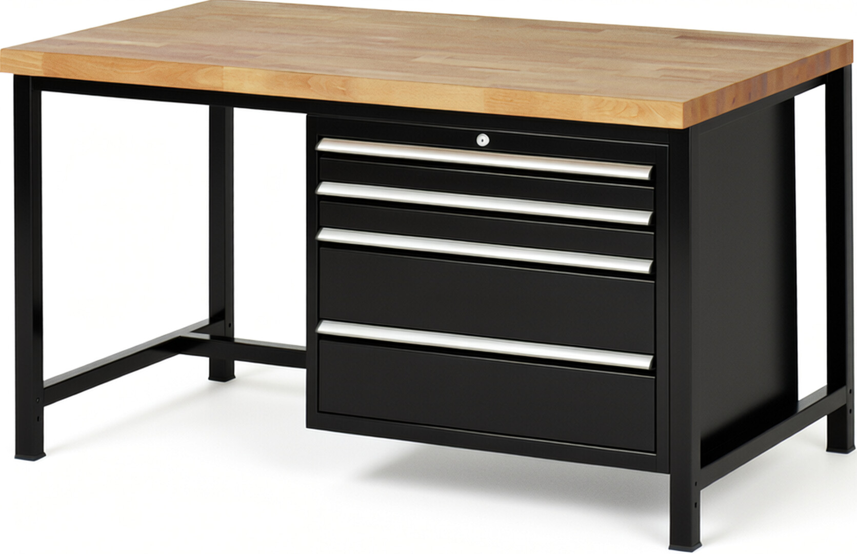 Werkbank Modell 8261 schwarz, BxTxH 1500x900x840 mm,  Buche-Massiv Arbeitsplatte 40 mm,  4 Schubladen mit  Vollauszug 100 % und  SoftClosing