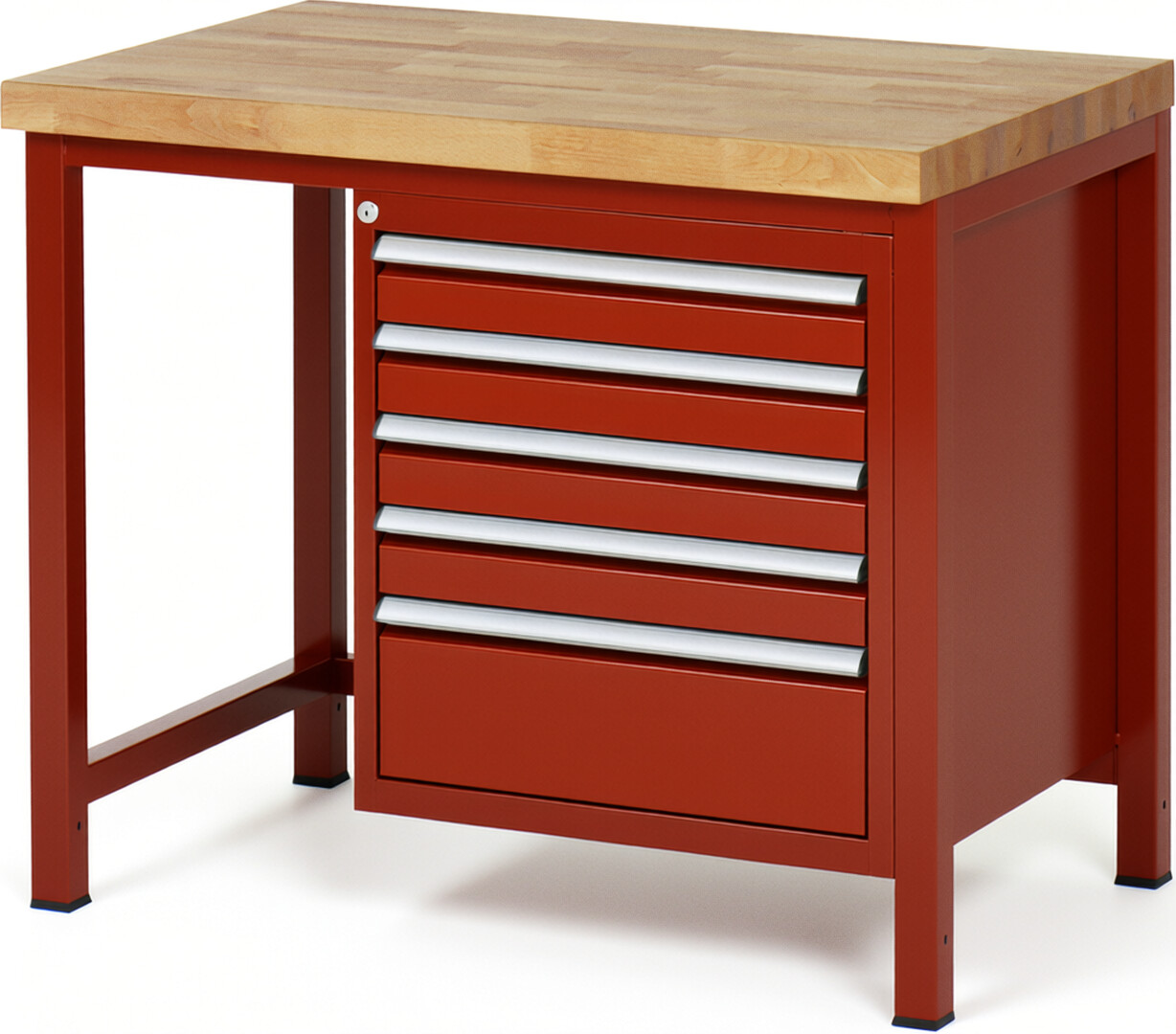 Werkbank Modell 8168 rot, BxTxH 1000x700x840-1040 mm,  Buche-Massiv Arbeitsplatte 40 mm,  5 Schubladen mit  Vollauszug 100 % und  SoftClosing