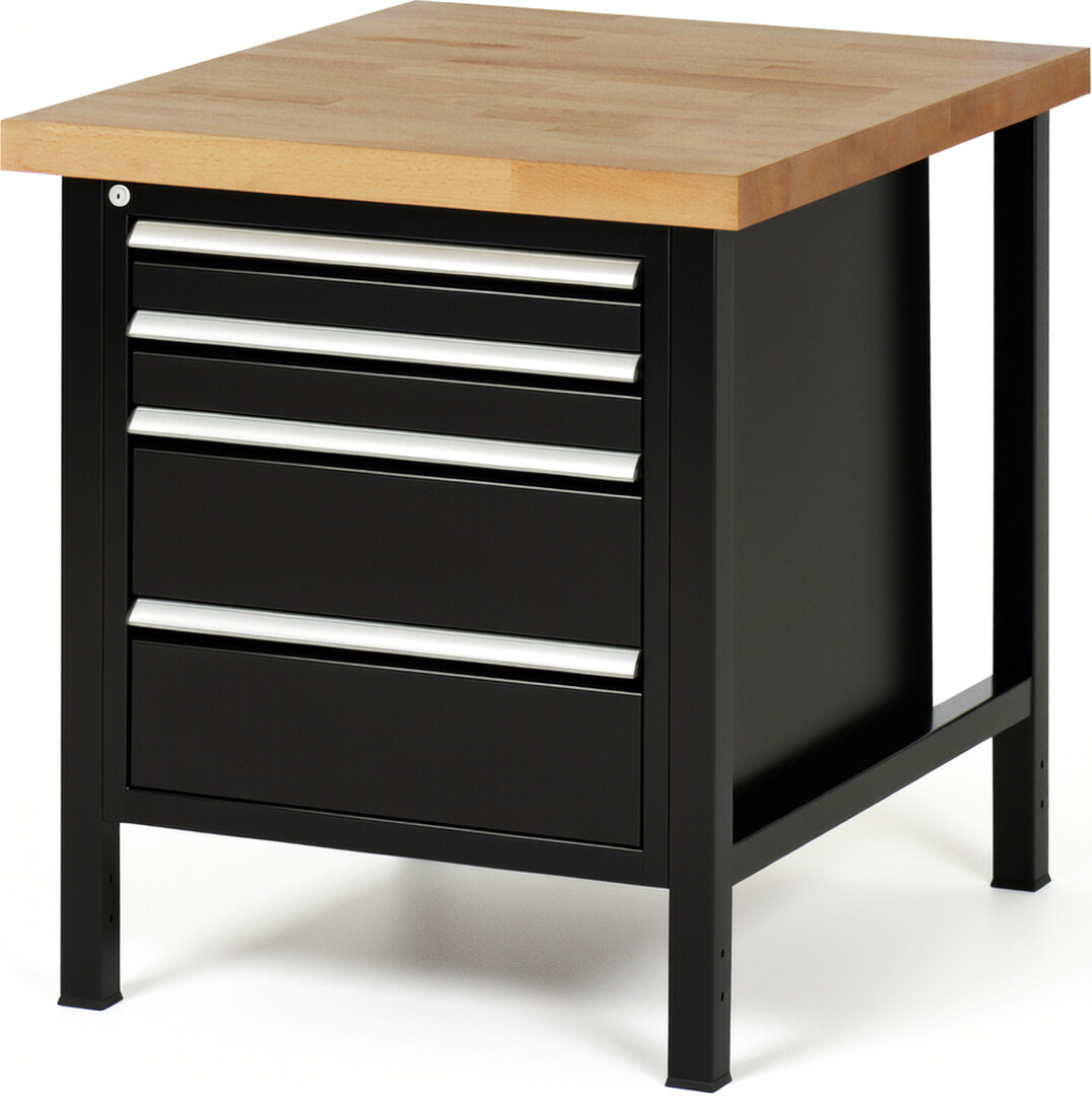 Werkbank Modell 8161 schwarz, BxTxH 750x900x840 mm,  Buche-Massiv Arbeitsplatte 40 mm,  4 Schubladen mit  Vollauszug 100 % und  SoftClosing