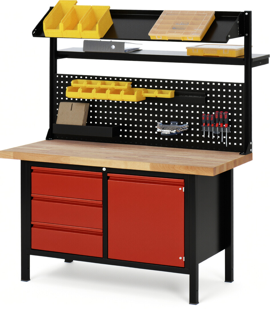 RAU Werkbank schwarz - rot - Breite 150 cm - Tiefe 70 cm - Höhe 84 cm - Buche-Massiv Arbeitsplatte 40 mm