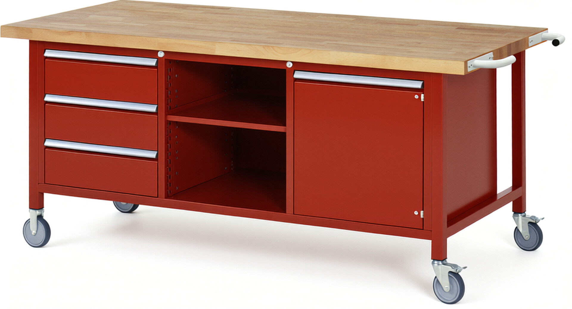 Fahrbare Werkbank Modell 8563 rot, BxTxH 2000x900x880 mm,  Buche-Massiv Arbeitsplatte 40 mm,  3 Schubladen mit  Auszug 90 %