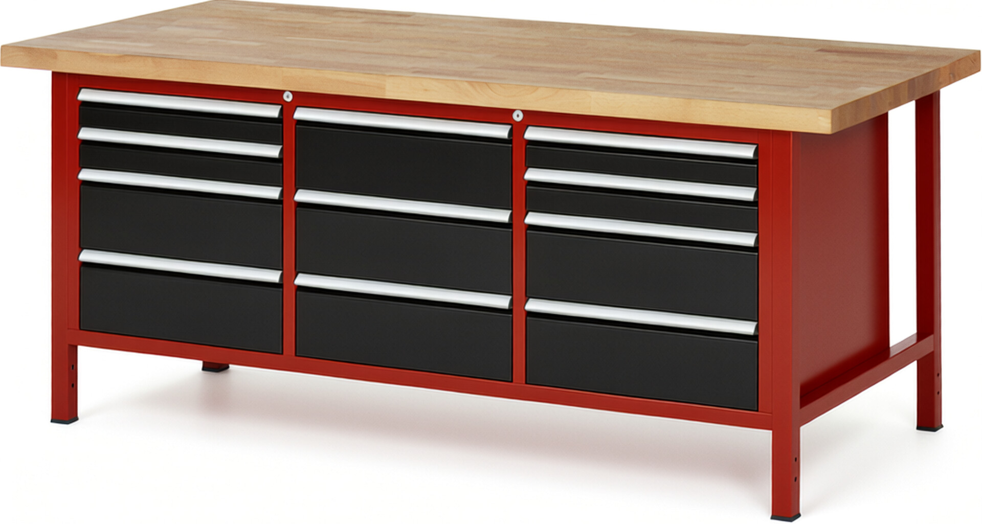 Werkbank Modell 8577 rot - schwarz, BxTxH 2000x900x840 mm,  Buche-Massiv Arbeitsplatte 40 mm,  11 Schubladen mit  Auszug 90 %