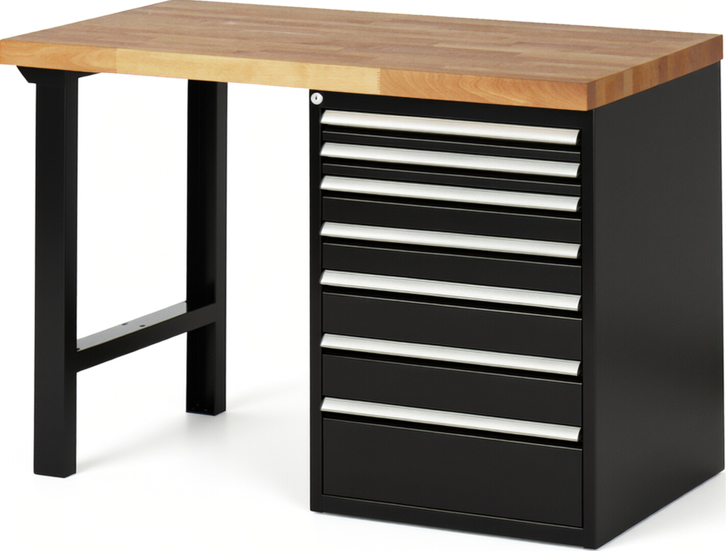 Werkbank Modell 7517 schwarz, BxTxH 1250x700x890 mm,  Buche-Massiv Arbeitsplatte 40 mm,  7 Schubladen mit  Auszug 90 %