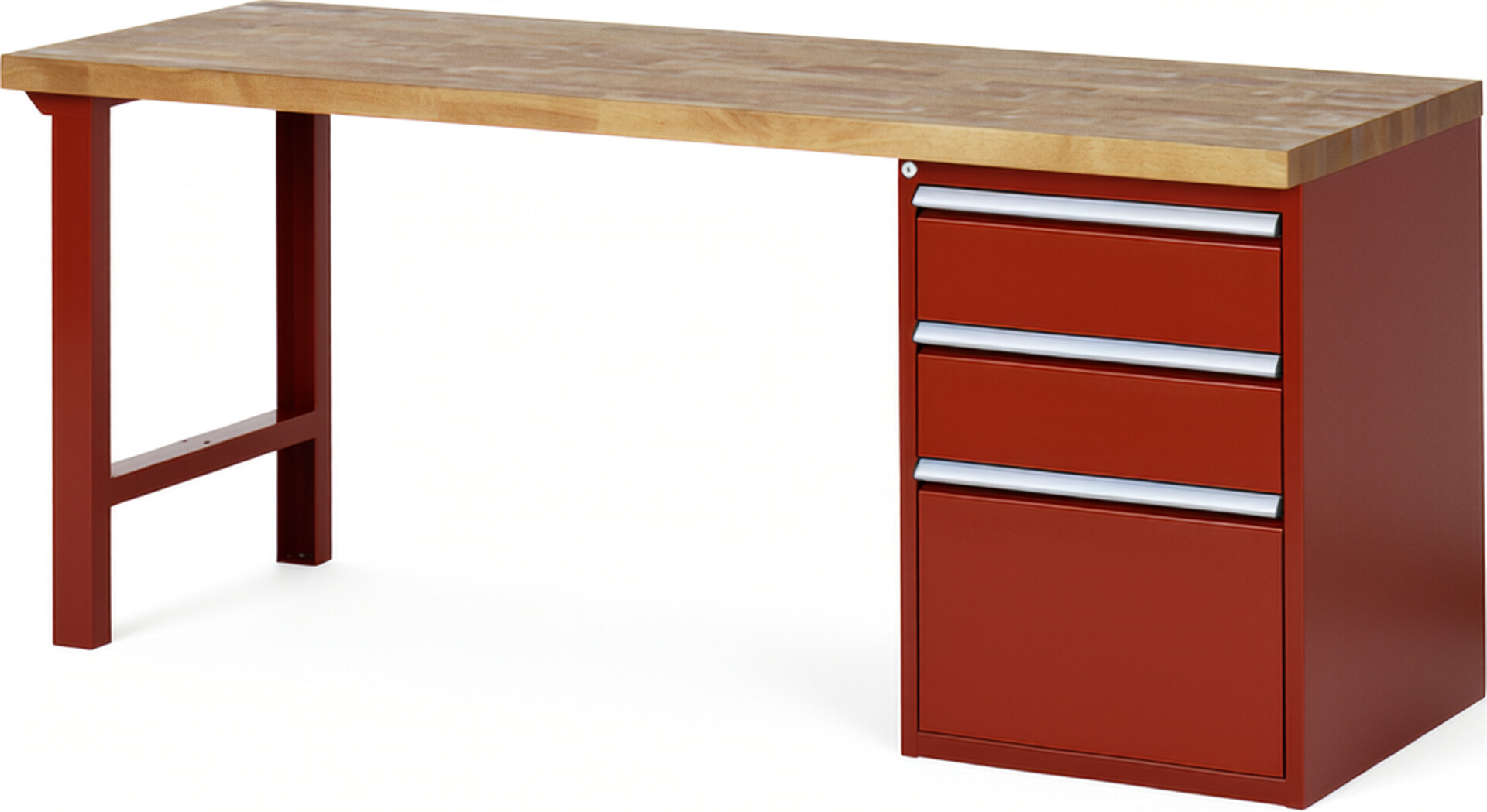 Werkbank Modell 7507 rot, BxTxH 2000x700x890 mm,  Buche-Massiv Arbeitsplatte 40 mm,  3 Schubladen mit  Auszug 90 %