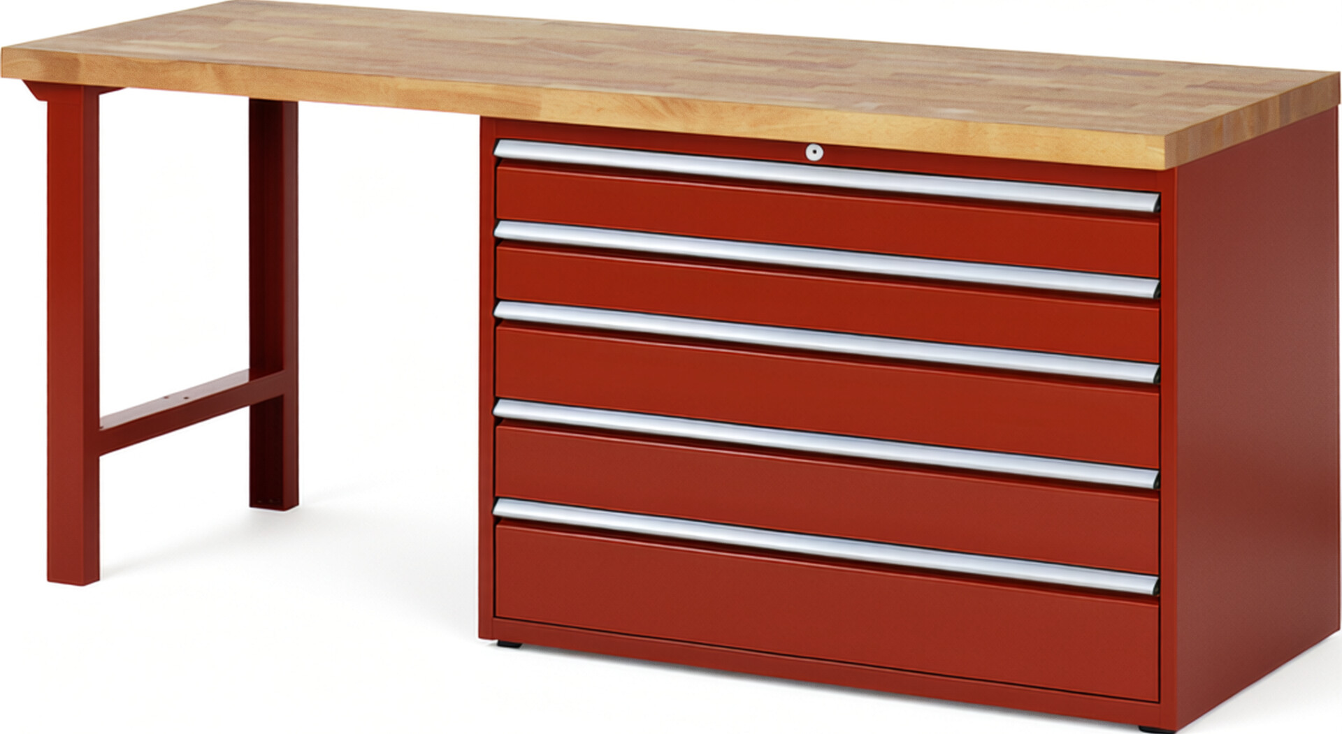 Werkbank Modell 7713 rot, BxTxH 2000x700x890 mm,  Buche-Massiv Arbeitsplatte 40 mm,  5 Schubladen mit  Auszug 90 %