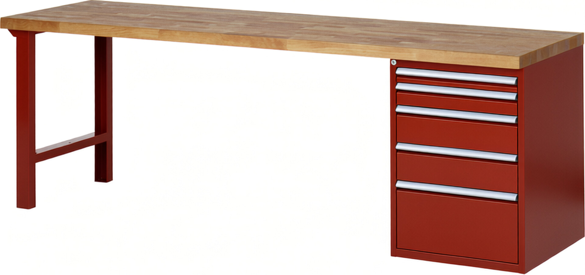 Werkbank Modell 7511 rot, BxTxH 2500x700x890 mm,  Buche-Massiv Arbeitsplatte 40 mm,  5 Schubladen mit  Auszug 90 %