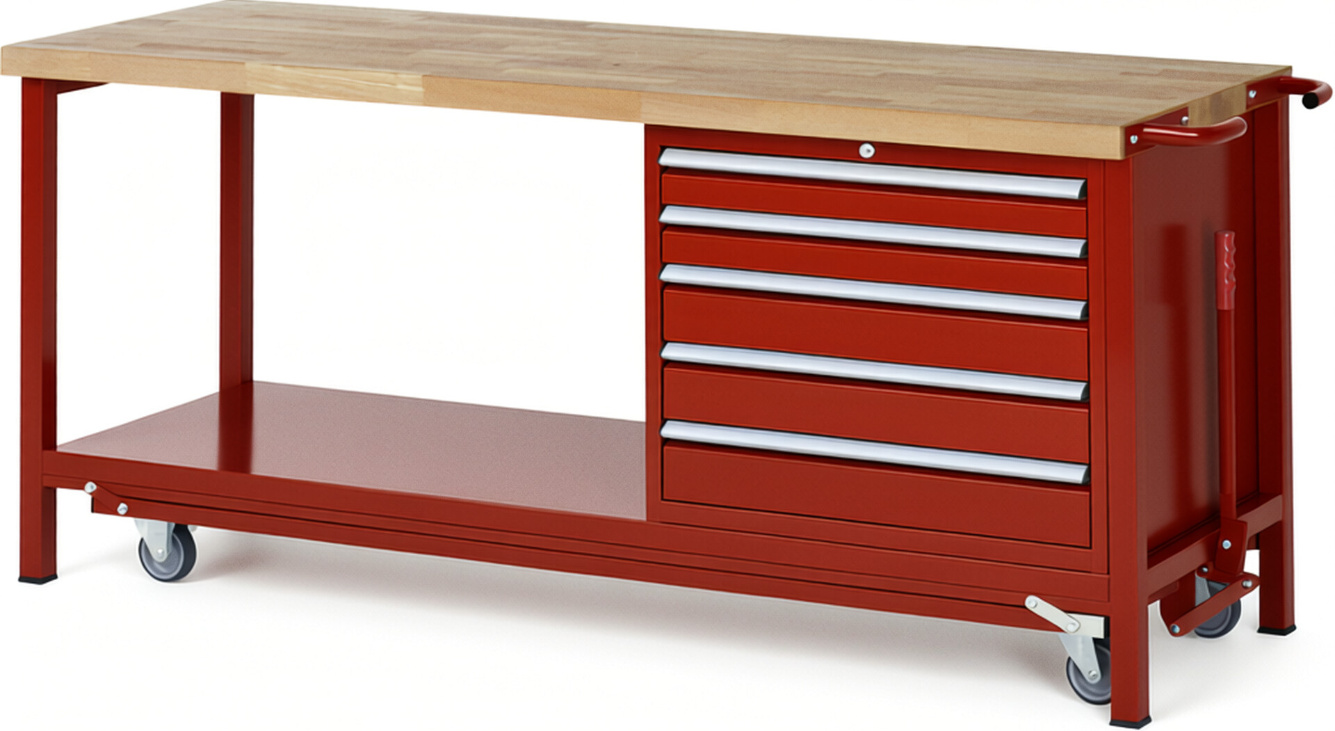 Absenkbare Werkbank Modell 8271 rot, BxTxH 2000x700x880 mm,  Buche-Massiv Arbeitsplatte 40 mm,  5 Schubladen mit  Vollauszug 100 % und  SoftClosing