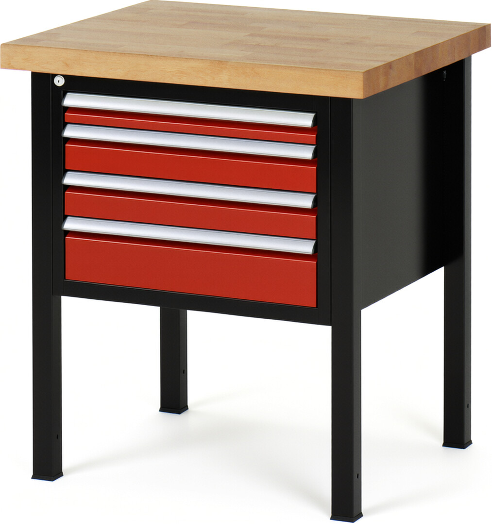 RAU Werkbank schwarz - rot - Breite 75 cm - Tiefe 70 cm - Höhe 104 cm - Buche-Massiv Arbeitsplatte 40 mm