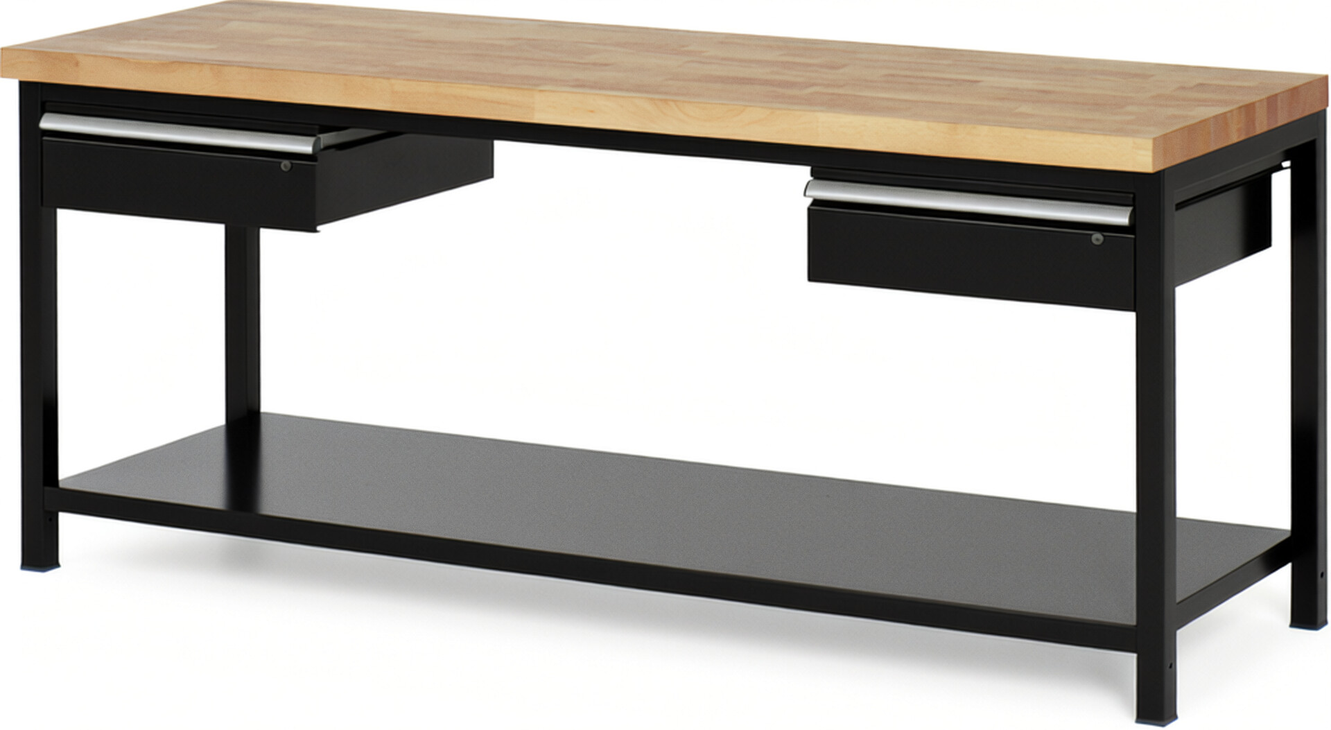 Werkbank Modell 8002 schwarz, BxTxH 2000x700x840-1040 mm,  Buche-Massiv Arbeitsplatte 40 mm,  2 Schubladen mit  Auszug 90 %