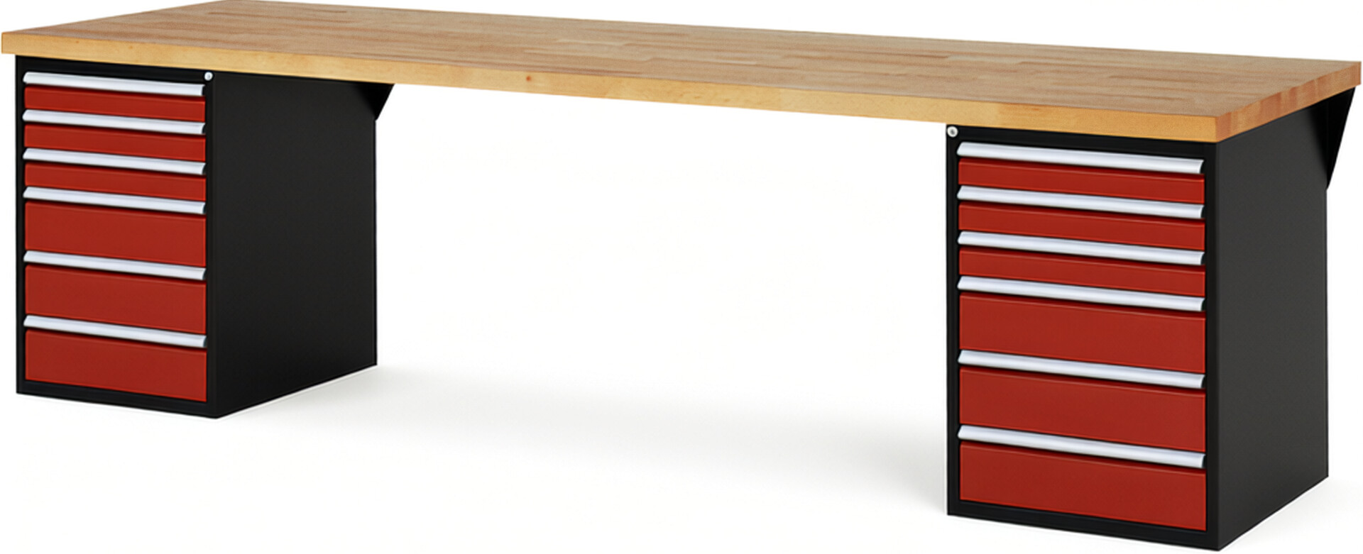RAU Werkbank schwarz - rot - Breite 300 cm - Tiefe 90 cm - Höhe 89 cm - Buche-Massiv Arbeitsplatte 40 mm