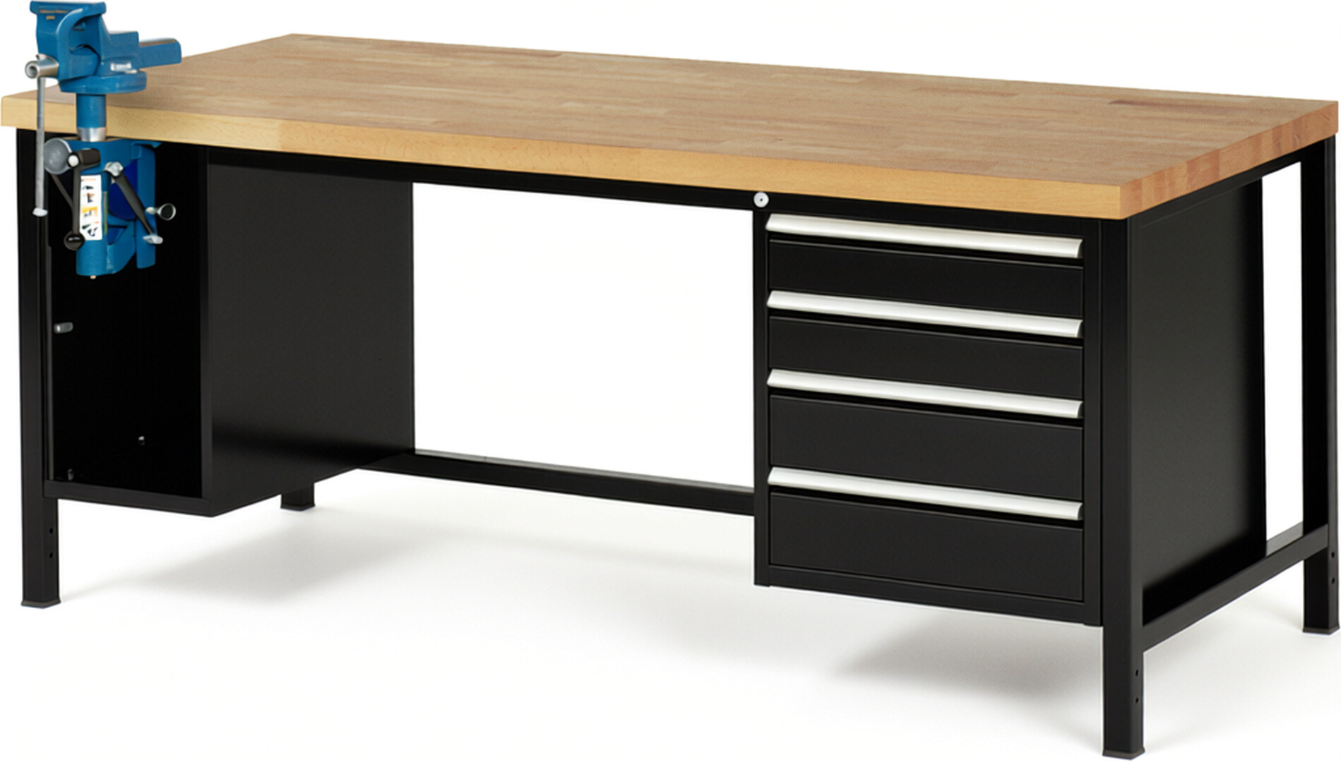 Werkbank Modell 8185 schwarz, BxTxH 2000x900x840-1040 mm,  Buche-Massiv Arbeitsplatte 40 mm,  4 Schubladen mit  Auszug 90 %