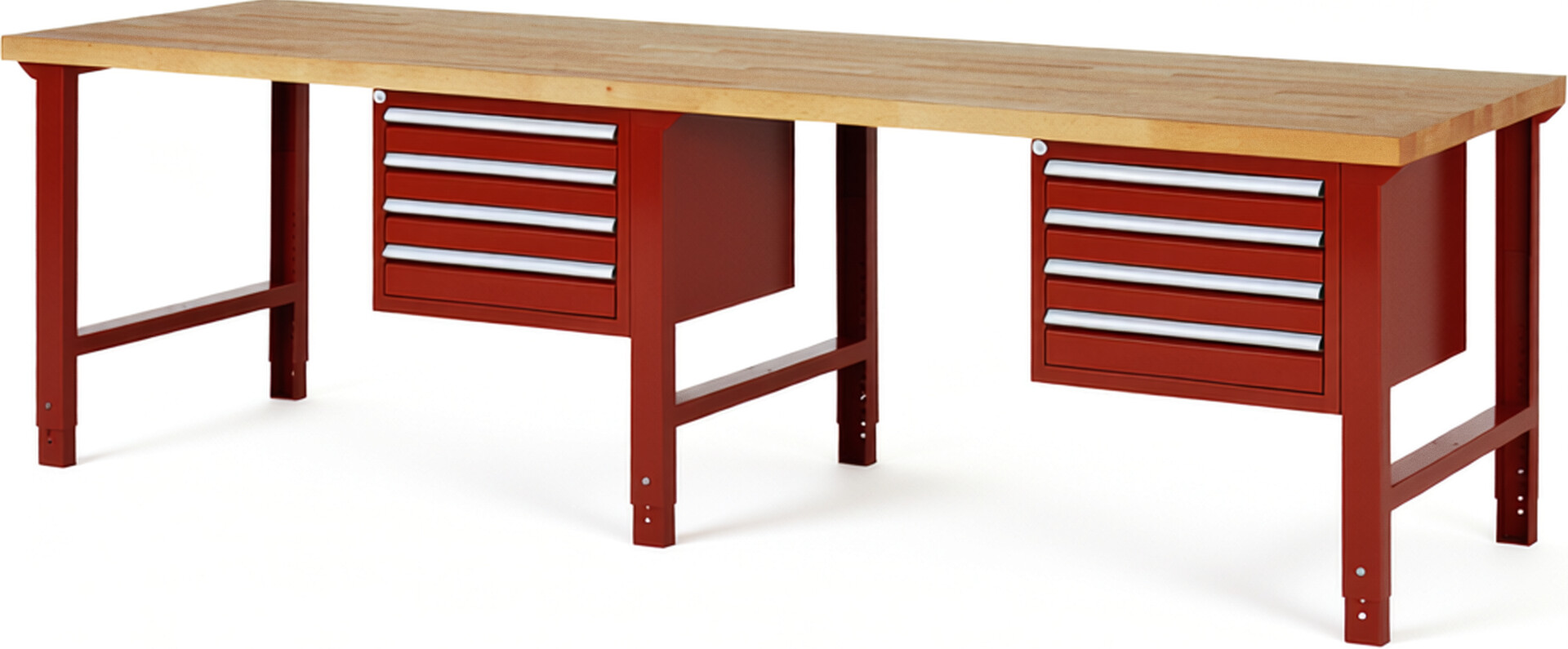 Werkbank Modell 7133 rot, BxTxH 3000x900x790-1140 mm,  Buche-Massiv Arbeitsplatte 40 mm,  8 Schubladen mit  Vollauszug 100 % und  SoftClosing