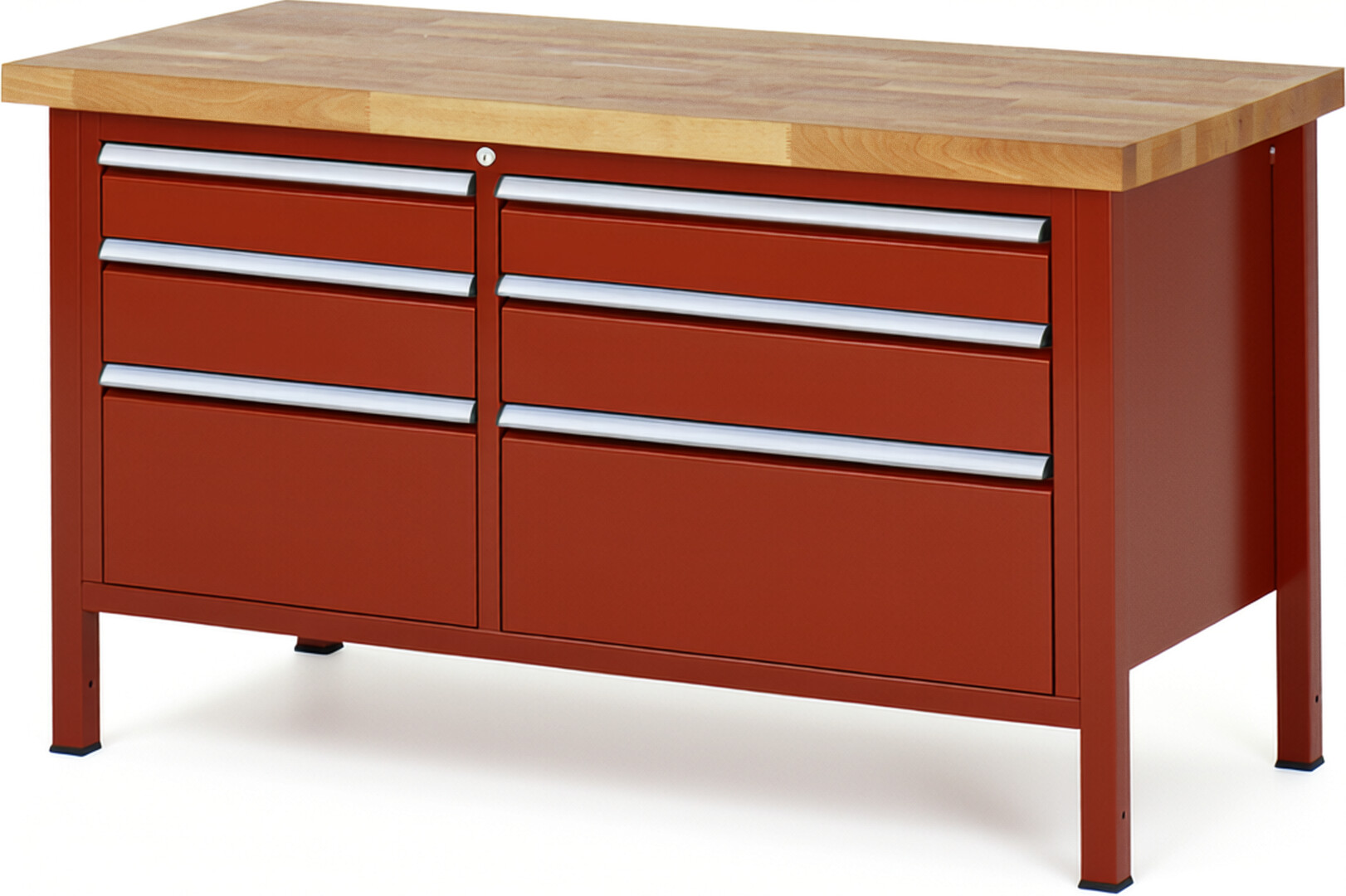 Werkbank Modell 8652 rot, BxTxH 1500x700x840 mm,  Buche-Massiv Arbeitsplatte 40 mm,  6 Schubladen mit  Auszug 90 %